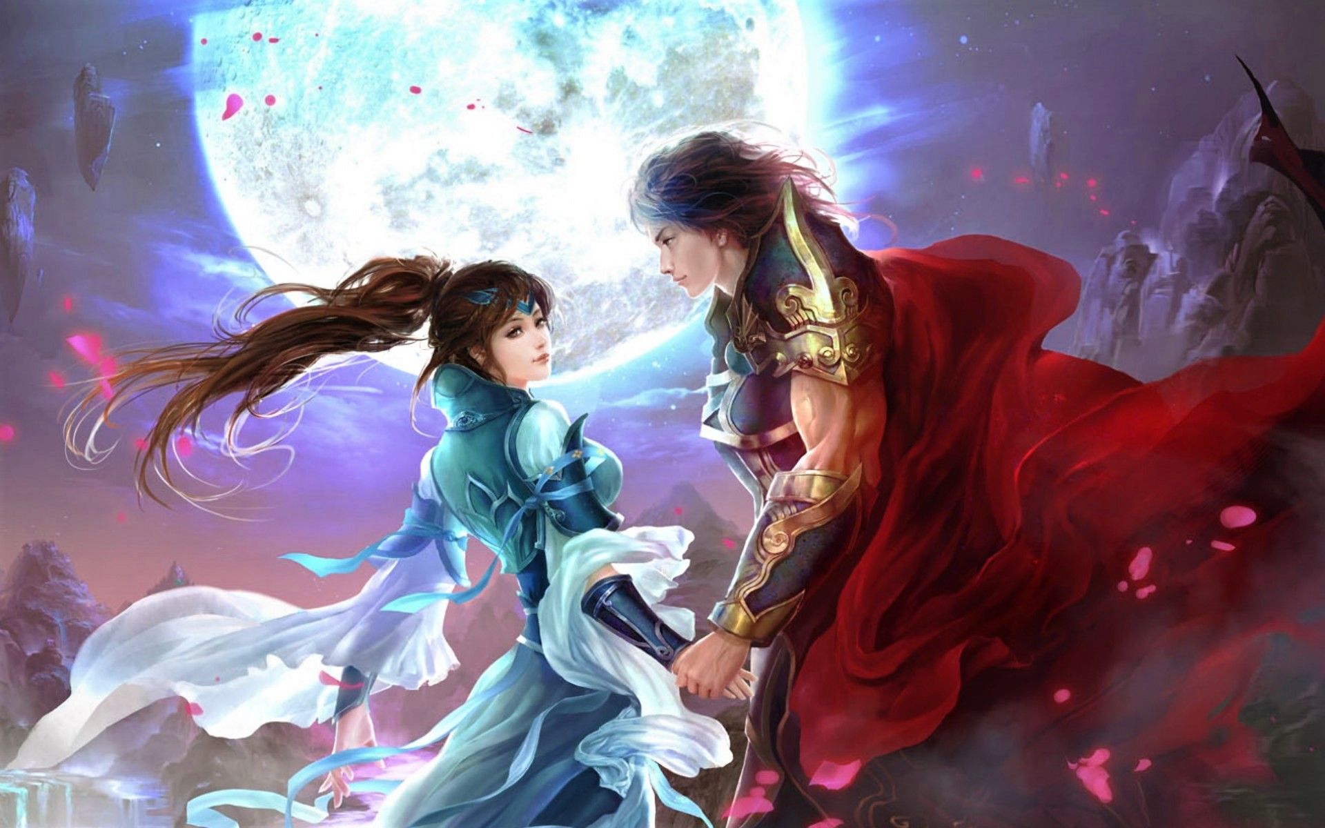 1920x1200 Phone wallpaper: Couple, Fantasy, Love, Moon, Romantic, Warrior 870368