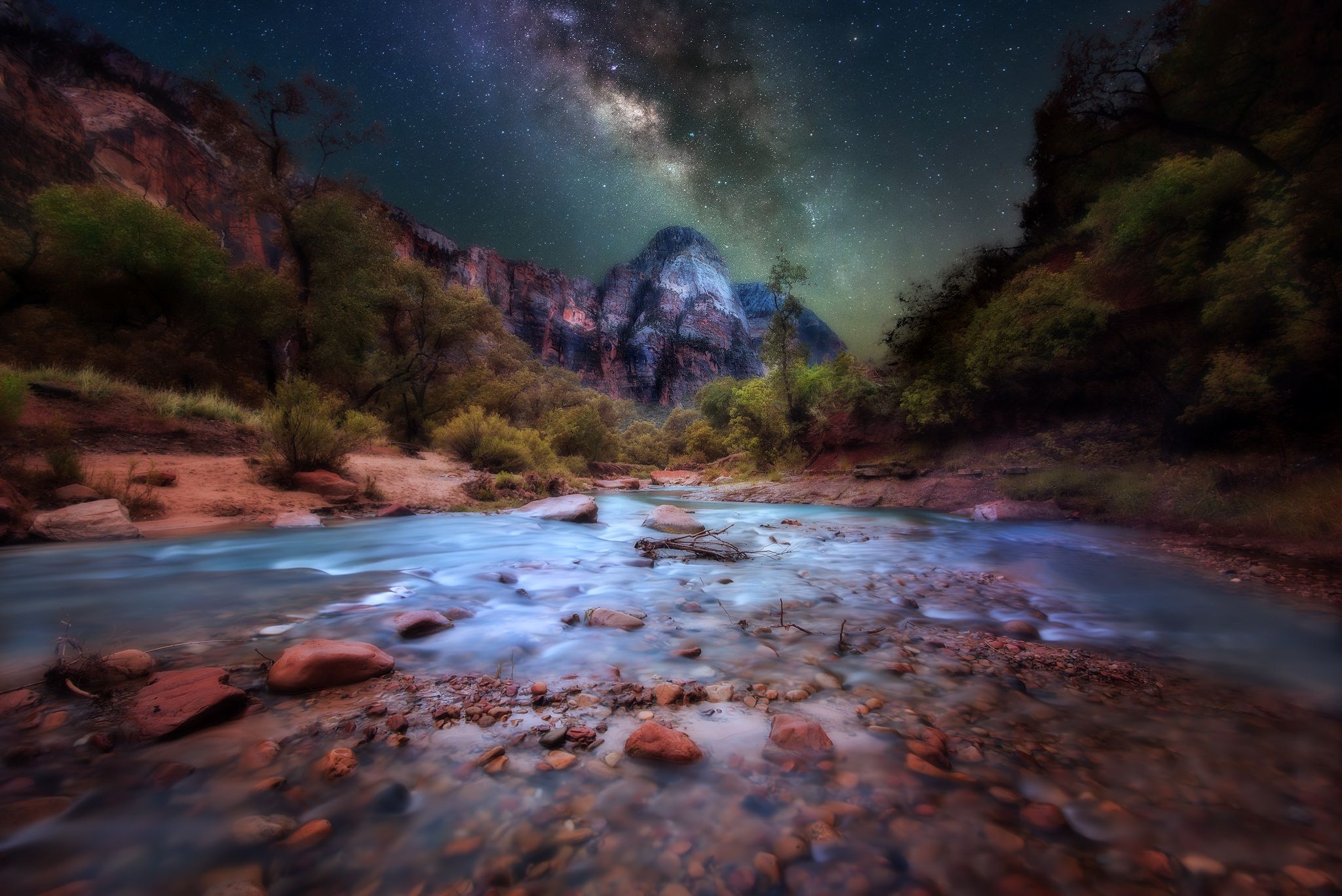 2048x1367 Phone wallpaper: Zion National Park, Earth, Cliff, Milky Way, Mountain, Nature, Night, River, Stars, Stone, Utah, National Park 376575