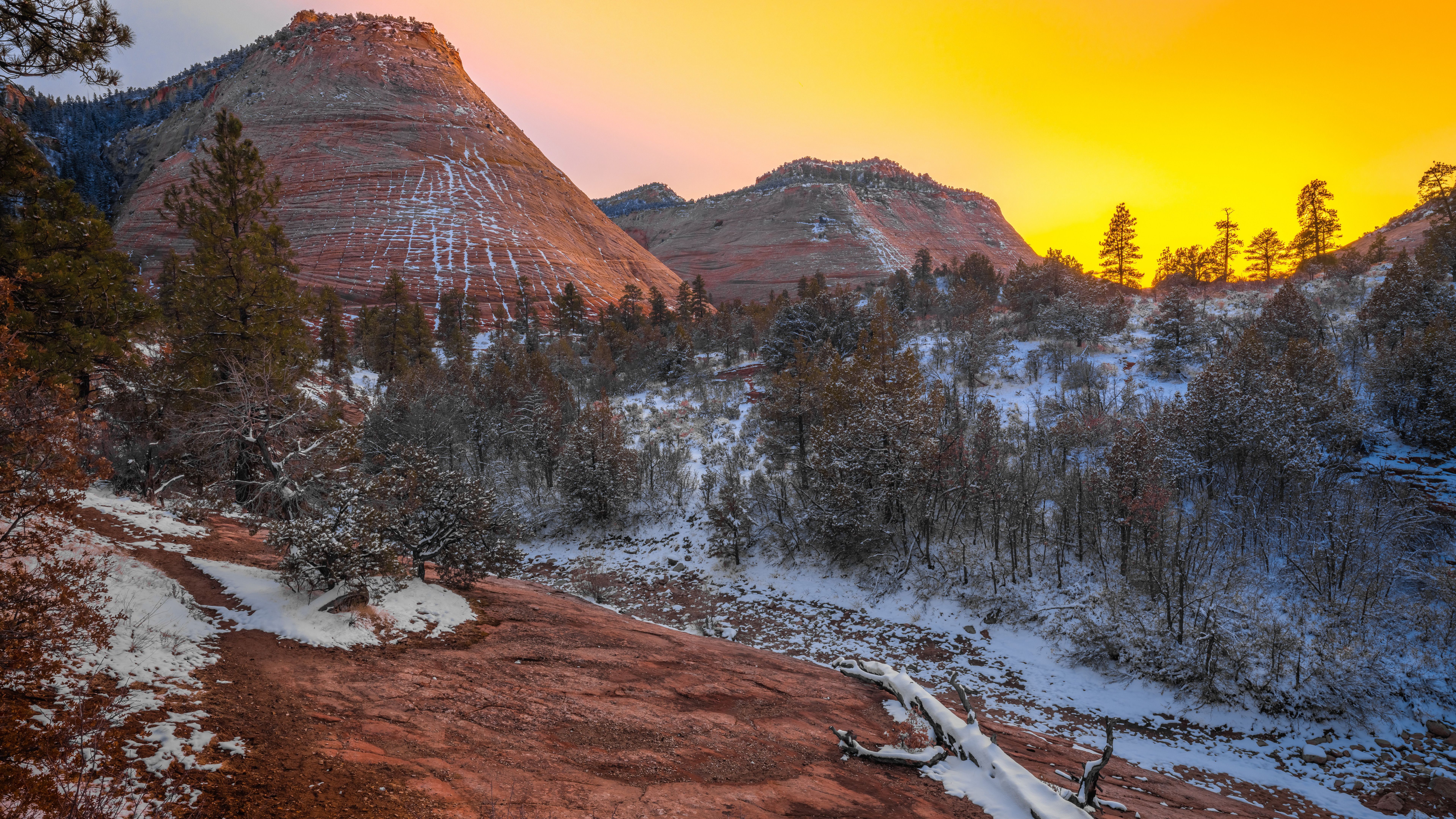 7680x4320 Zion National Park Mountain With Snow During Sunset 4K 8K HD Nature Wallpaper