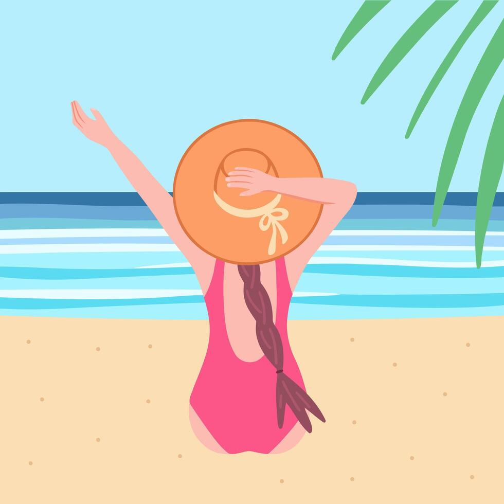 980x980 girl in hat sit on beach and see on sea. Summer time. Illustration for printing, background