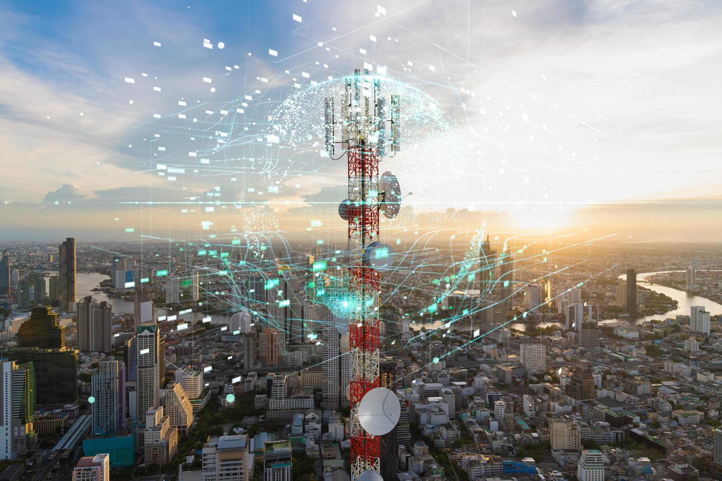1470x980 Telecommunication tower with 5G cellular network antenna on city background, Global connection and internet network concept