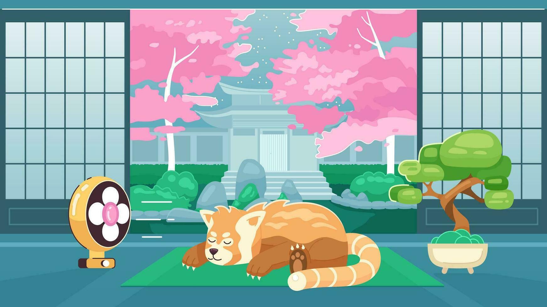 1742x980 Sleeping bear cute chill lo fi wallpaper. Japanese interior. Relaxing. Red panda chilling near fan 2D vector cartoon characters illustration, lofi anime background. 90s kawaii aesthetic, dreamy vibes 27570053 Vector Art