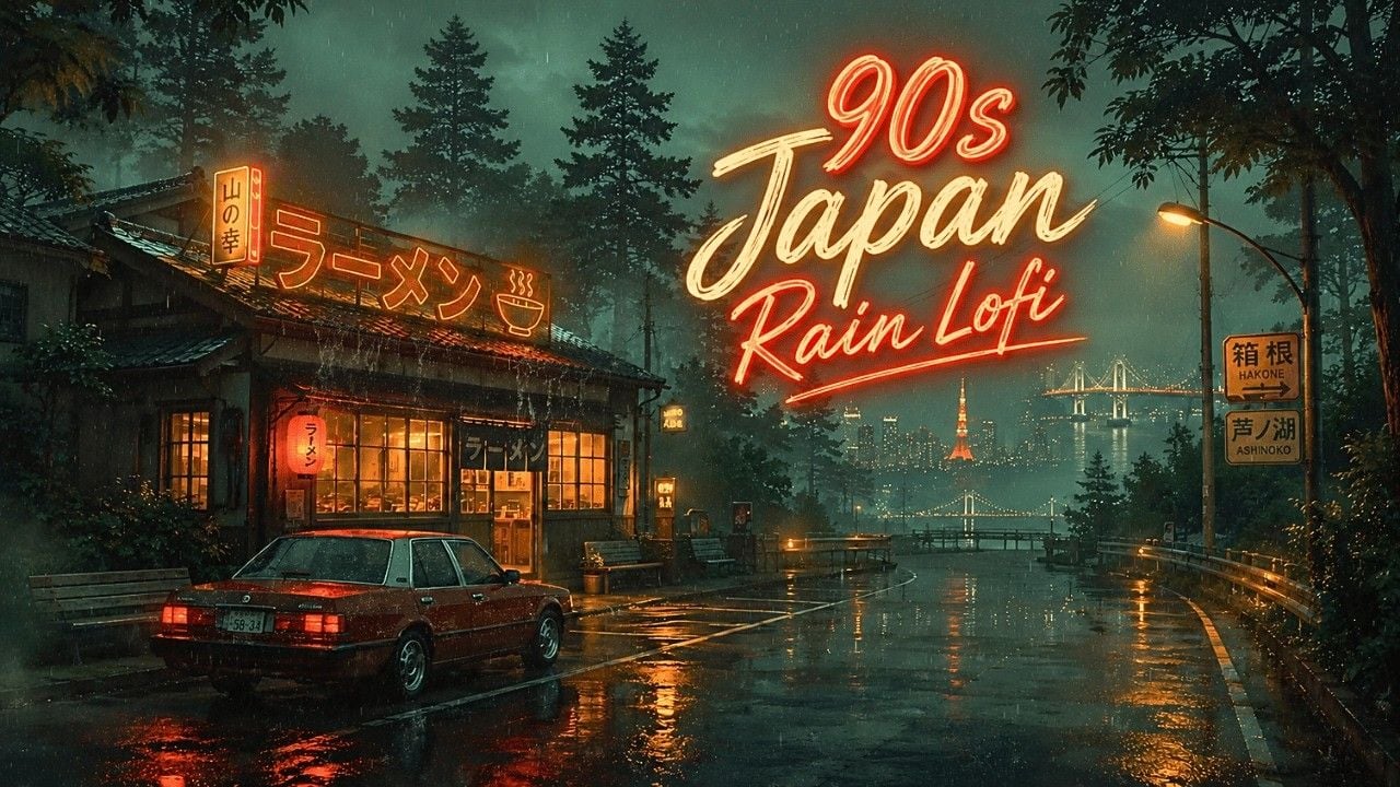 1280x720 90s Japanese Rainy Night Lofi. Cozy Street Cafe Music for Relaxing