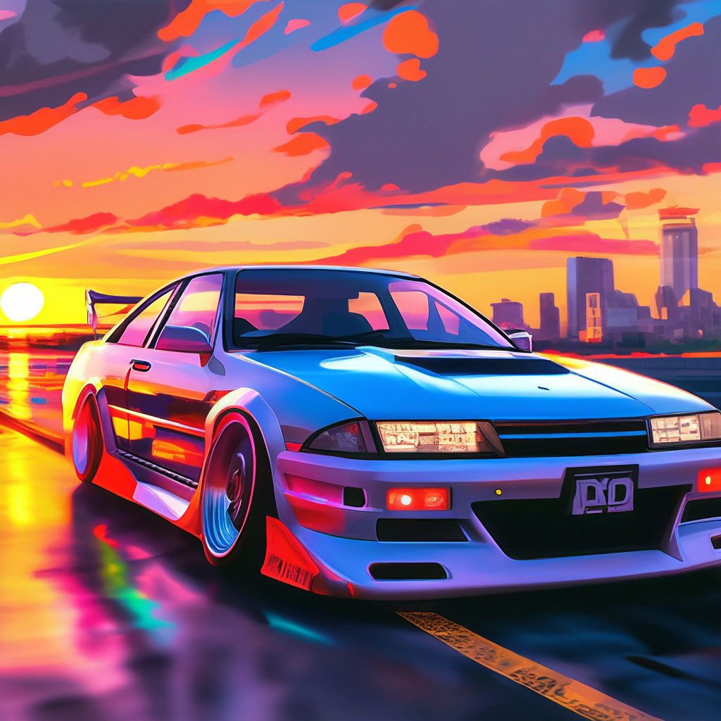 1024x1024 Japanese car of the 90s on the background of sunset