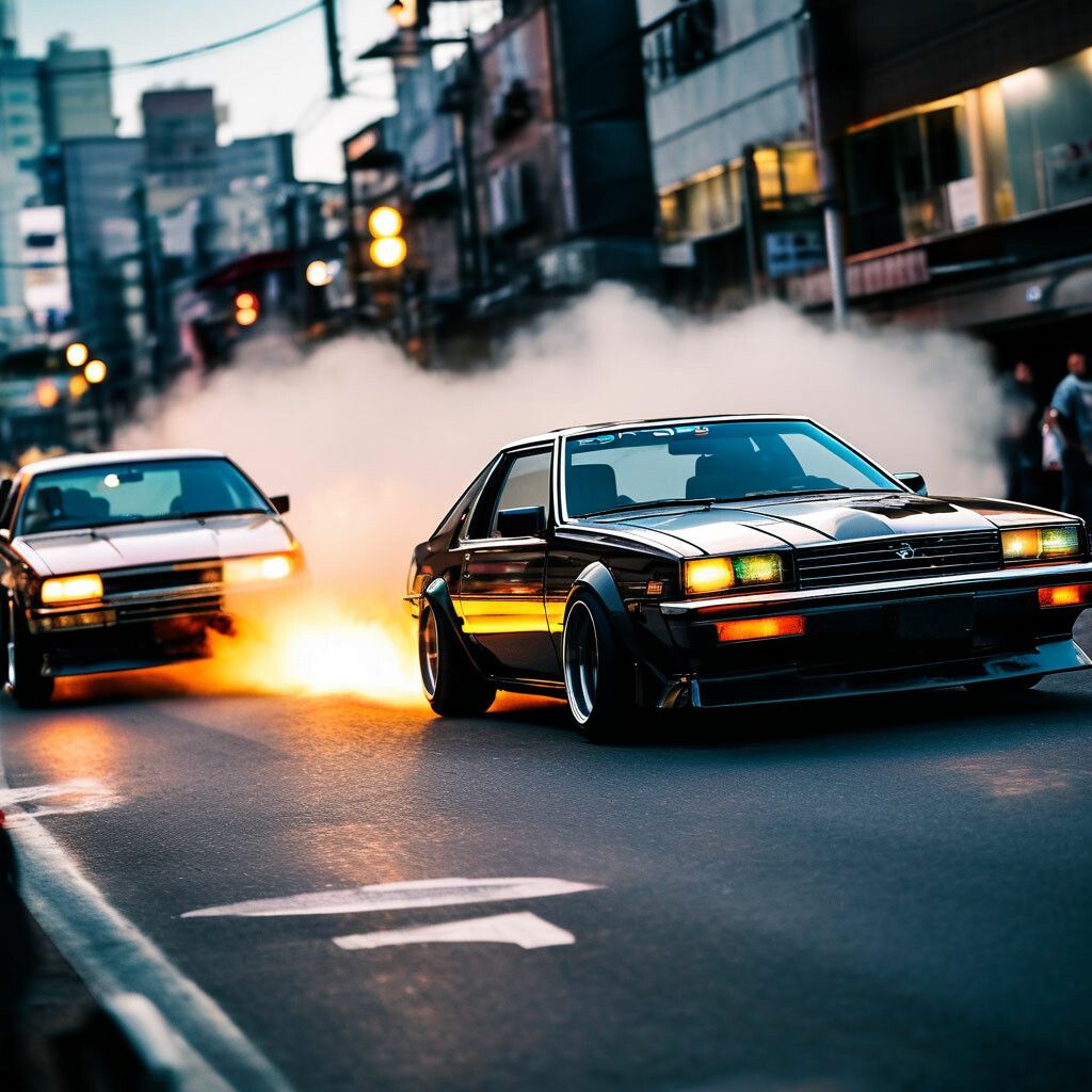 1024x1024 Bosozoku street racing, early 90s, Japan, two classic Japanese cars of the