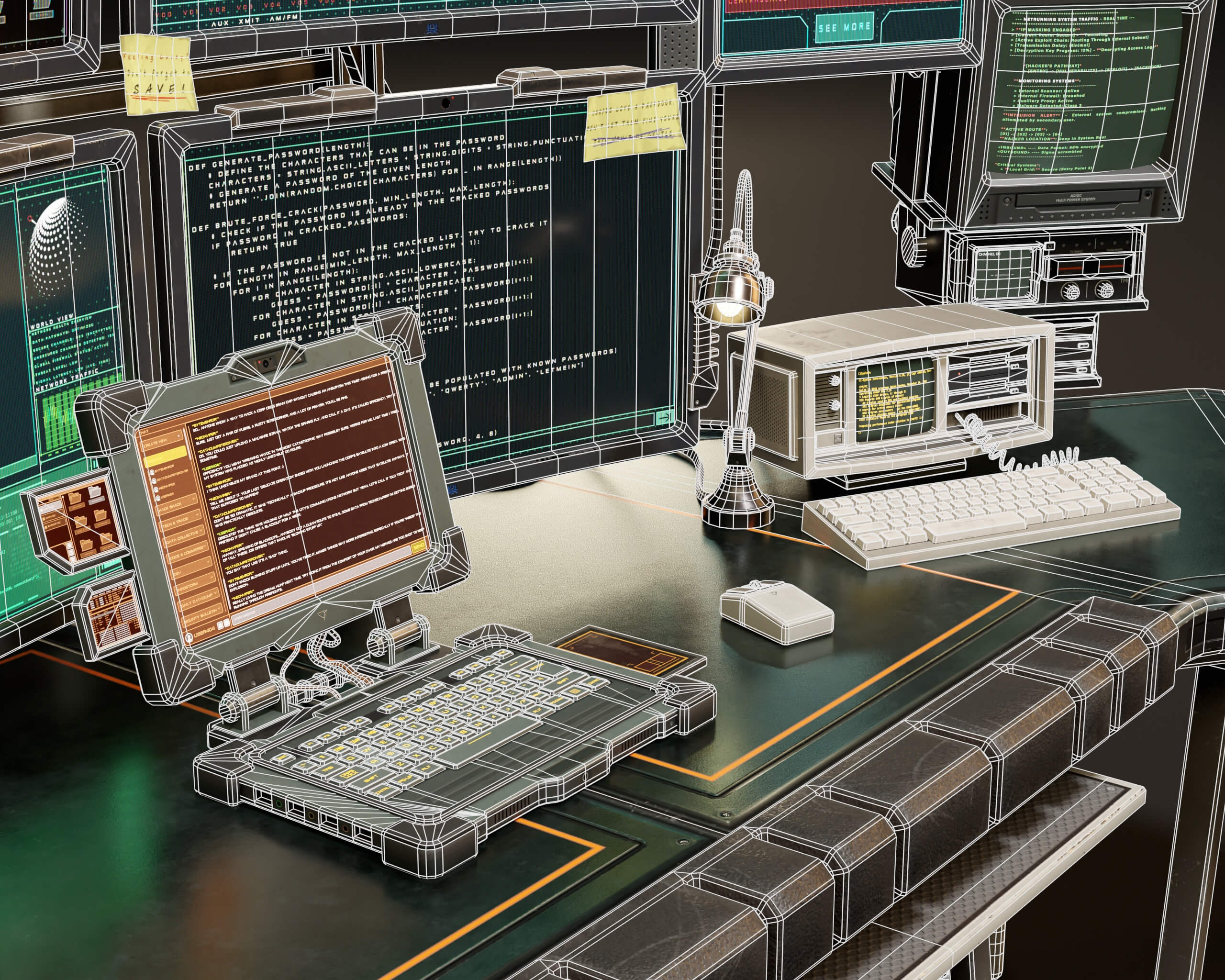 2560x2048 Sci Fi Hacker Desk Setup Scene 3D Model