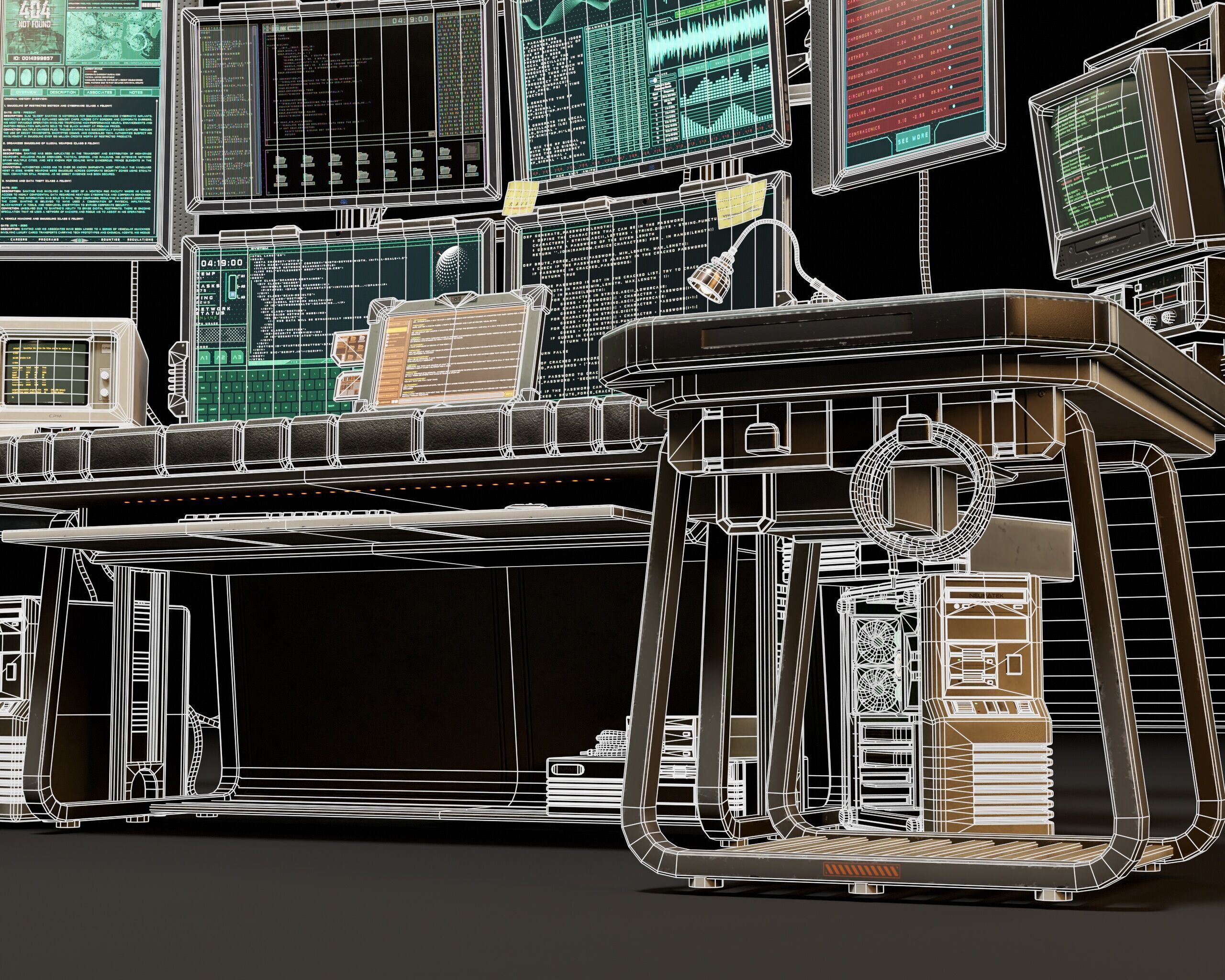 2560x2048 3D Model Sci Fi Hacker Desk Setup Scene VR / AR / Low Poly