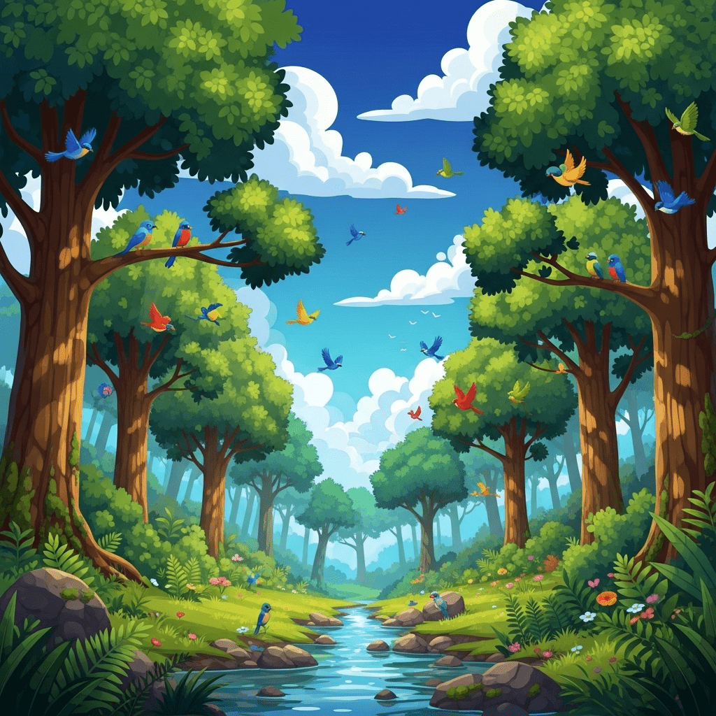 1024x1024 Serene Cartoon Forest Wallpaper With Vibrant Birds. AI Art Generator. Easy Peasy.AI
