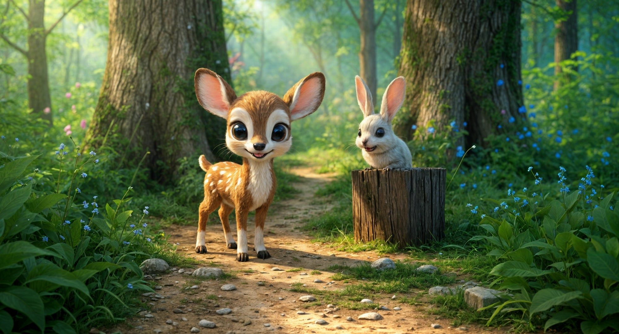 2000x1080 Enchanted forest wallpaper. Cartoon fawn and rabbit