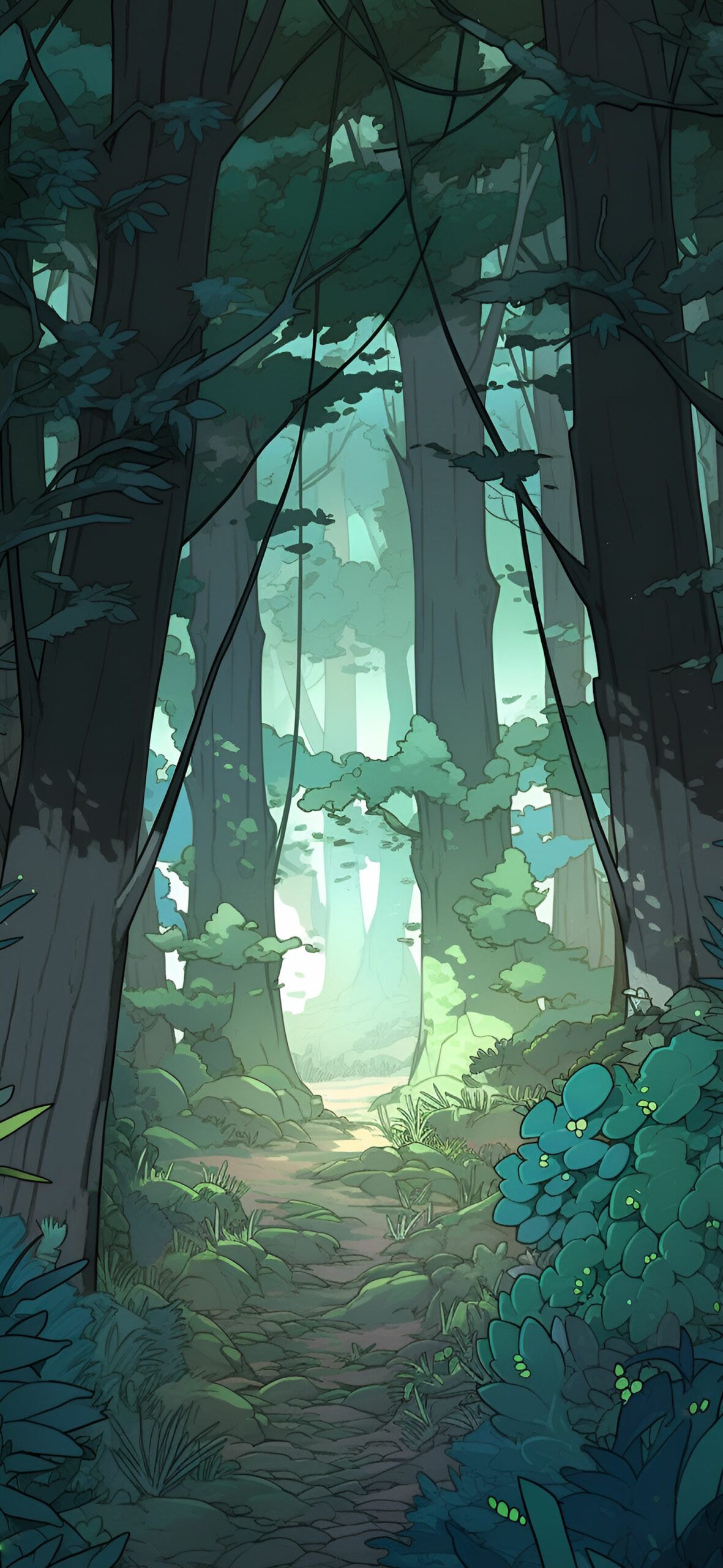 1181x2560 Cartoon Forest Path Art Wallpaper Nature Wallpaper