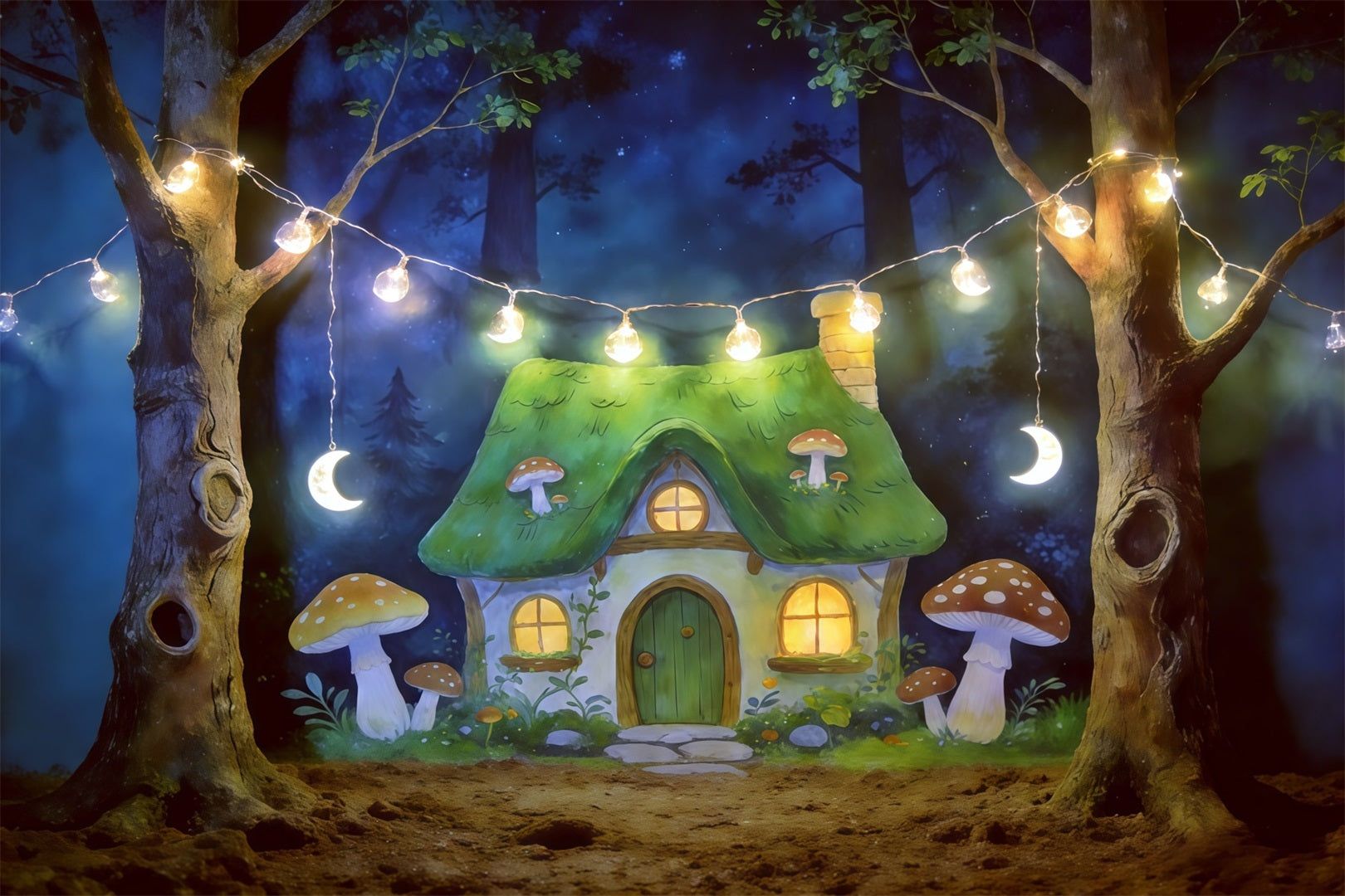 1620x1080 Cartoon Forest Backdrop Moonlit Mushroom Cottage Lights Forest Backdrop Ideas CSH61 213