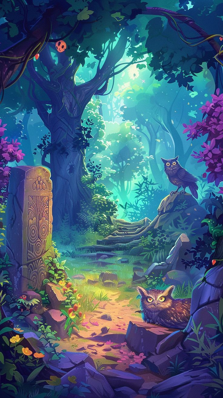 736x1313 Lively Cartoon Forest with Ancient Inscriptions