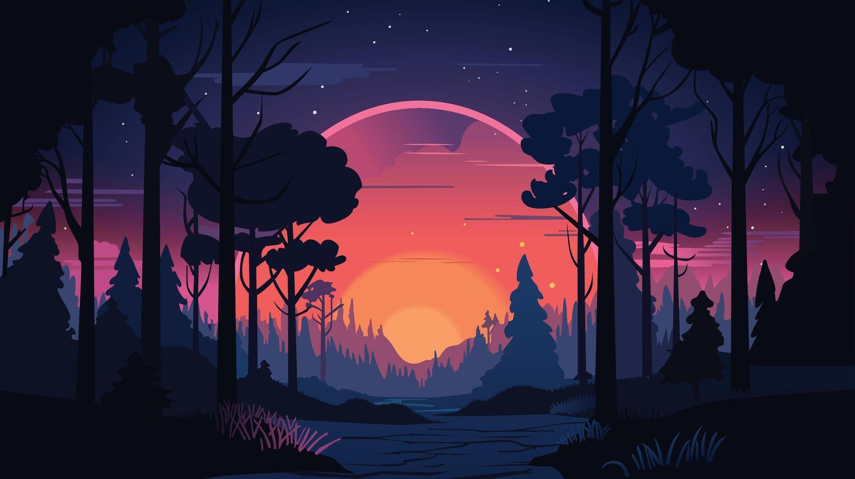 1747x980 Cartoon night forest. Wood with flying fireflies. Dark tree trunks and foliage. Nighttime landscape. Woodland panorama. Wild nature scenery. fairy tale illustration
