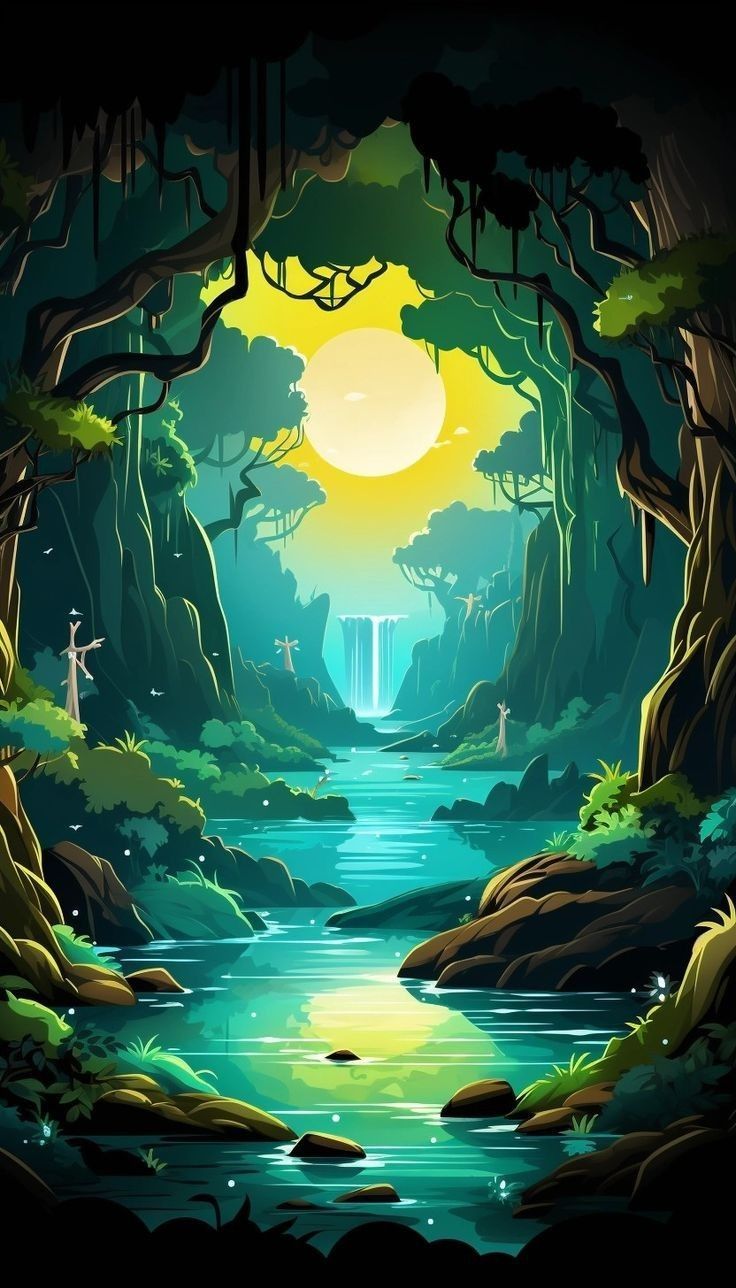 736x1288 Fantasy Forest Landscape with River and Waterfall. Cartoon forest background ideas, Jungle background for digital art, Fantasy forest landscape illustration