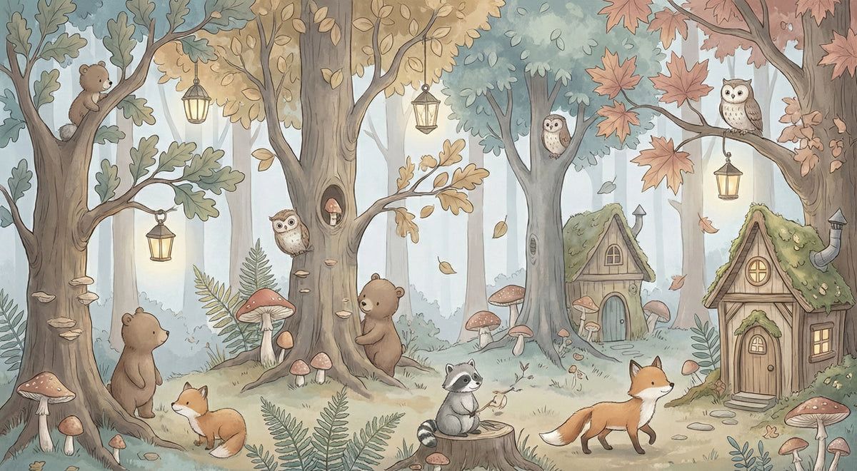 1200x660 Storybook Fairy Village Mural Wallpaper. Whimsical Forest Wall Art