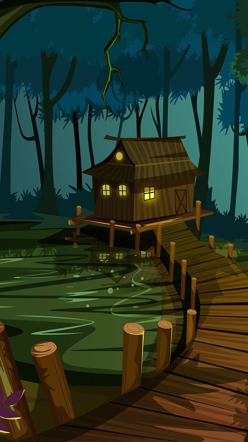 800x1422 Shack in the swamp house. Cartoon forest and house with a boardwalk digital art. Fantasy art landscapes, HD phone wallpaper