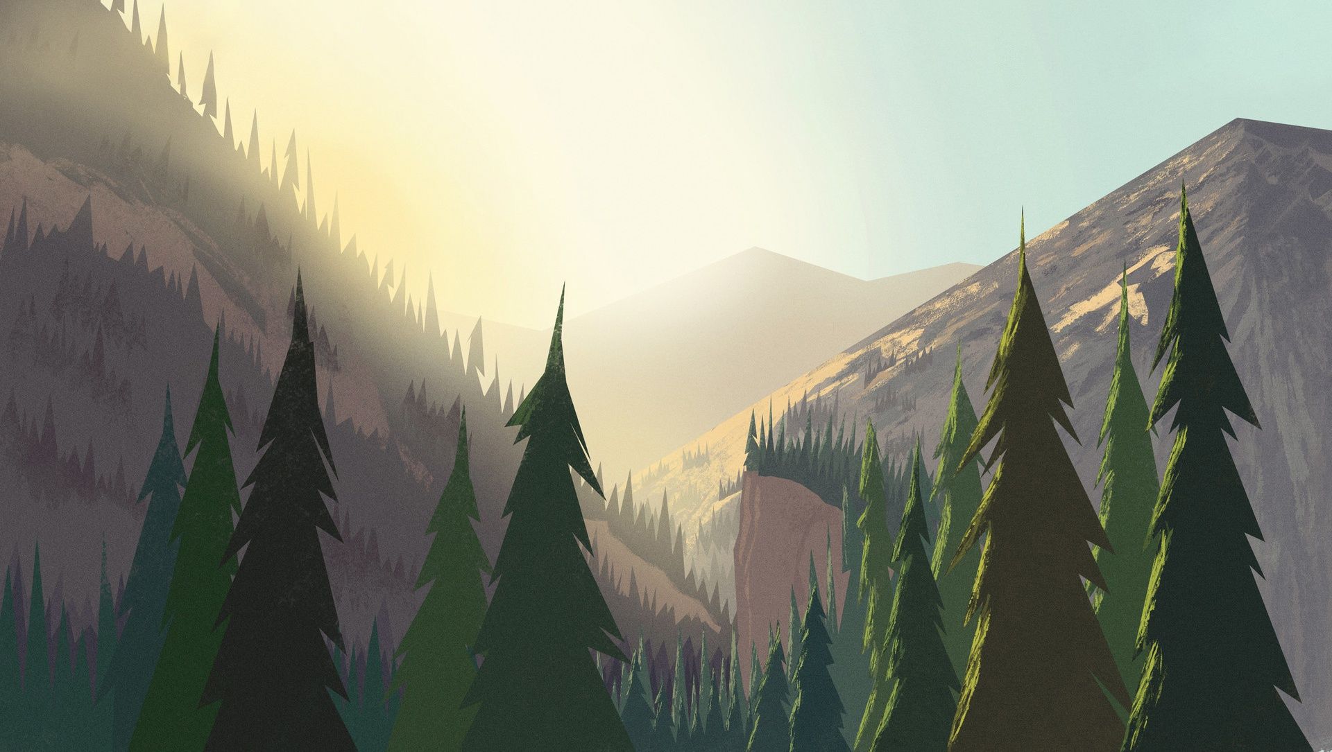 1920x1085 Wallpaper landscape, mountains, dawn, tree, trees, art, cartoon, sunrise for mobile and desktop, section арт, resolution 1920x1085