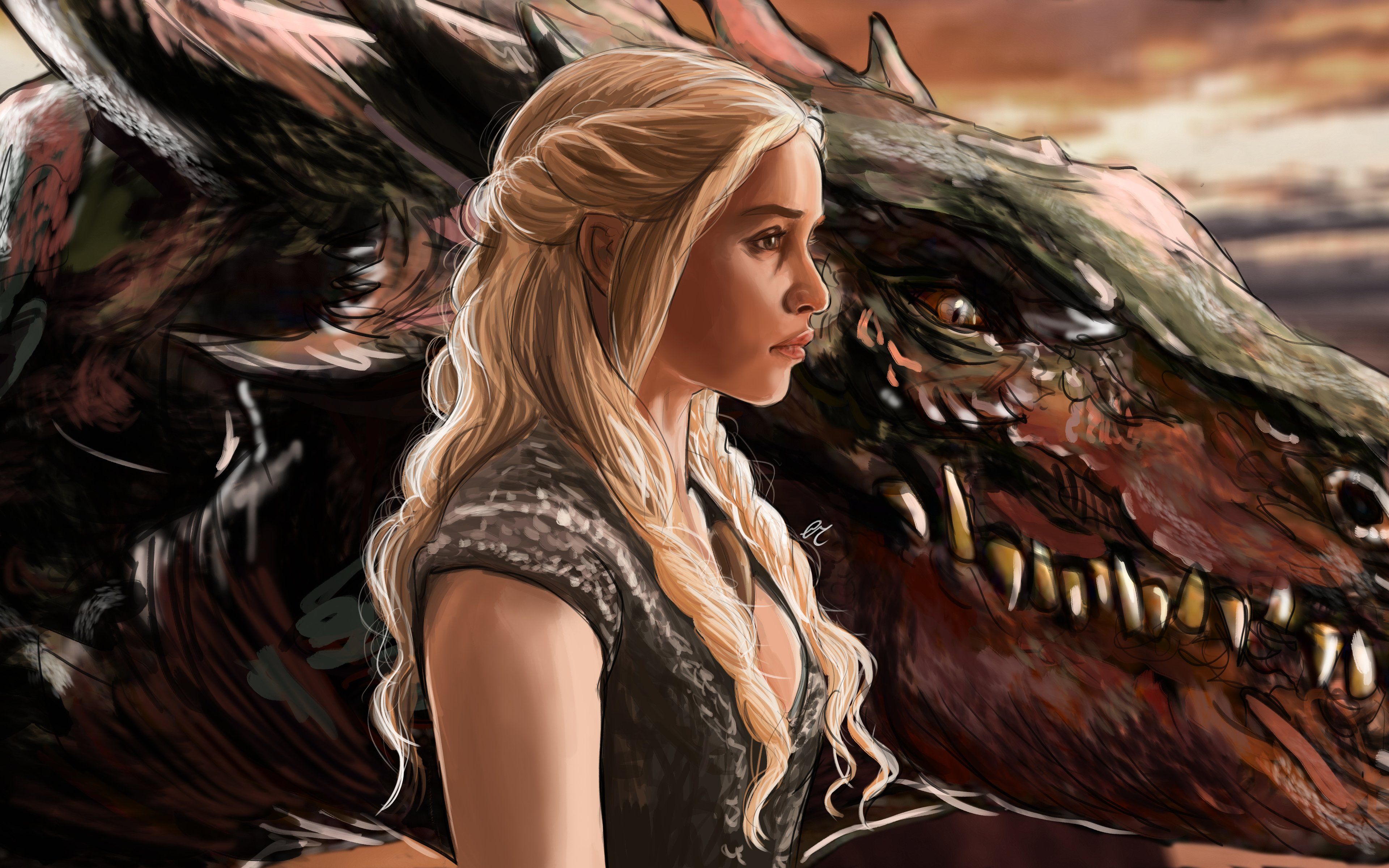 3840x2400 Daenerys Targaryen with dragon Fanart Wallpaper 4K for Desktop