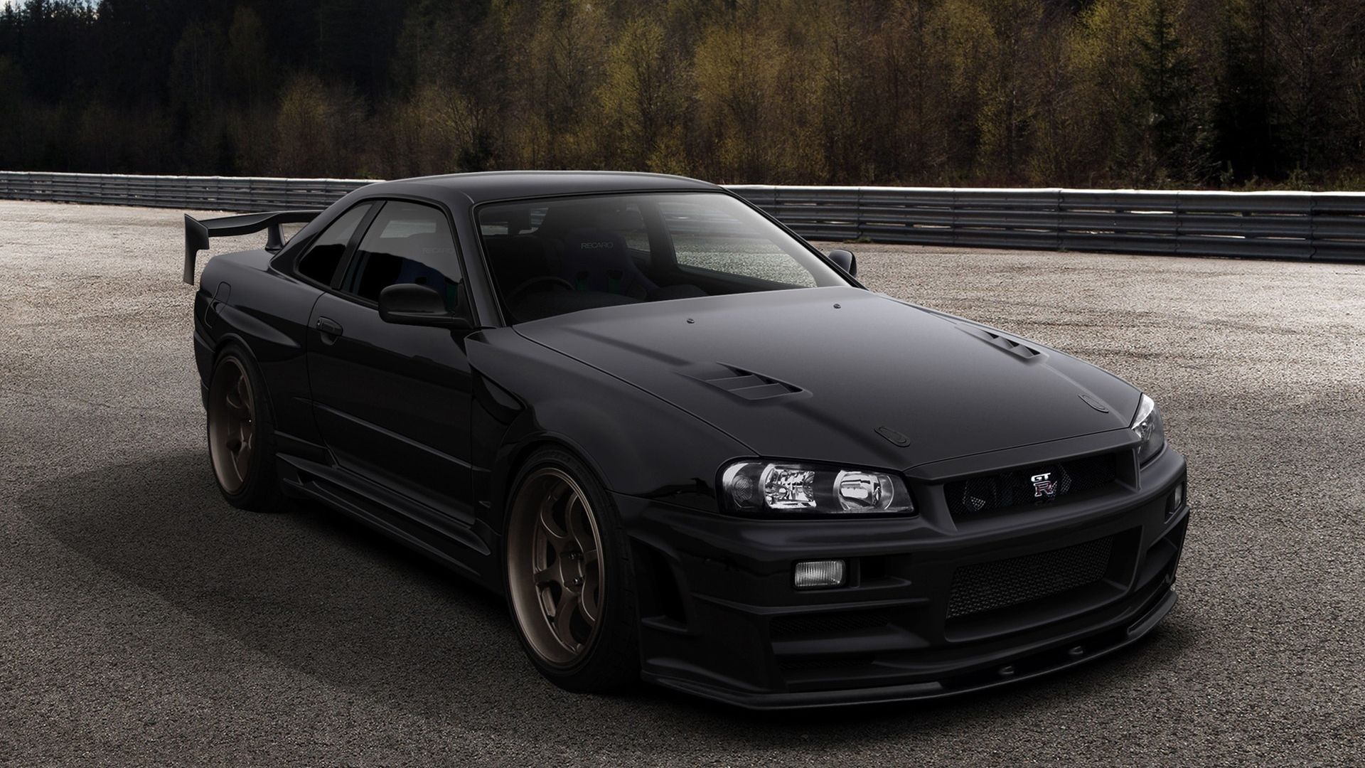 1920x1080 Black car Nissan Skyline GTR R34 with spoiler Desktop wallpaper 1920x1080
