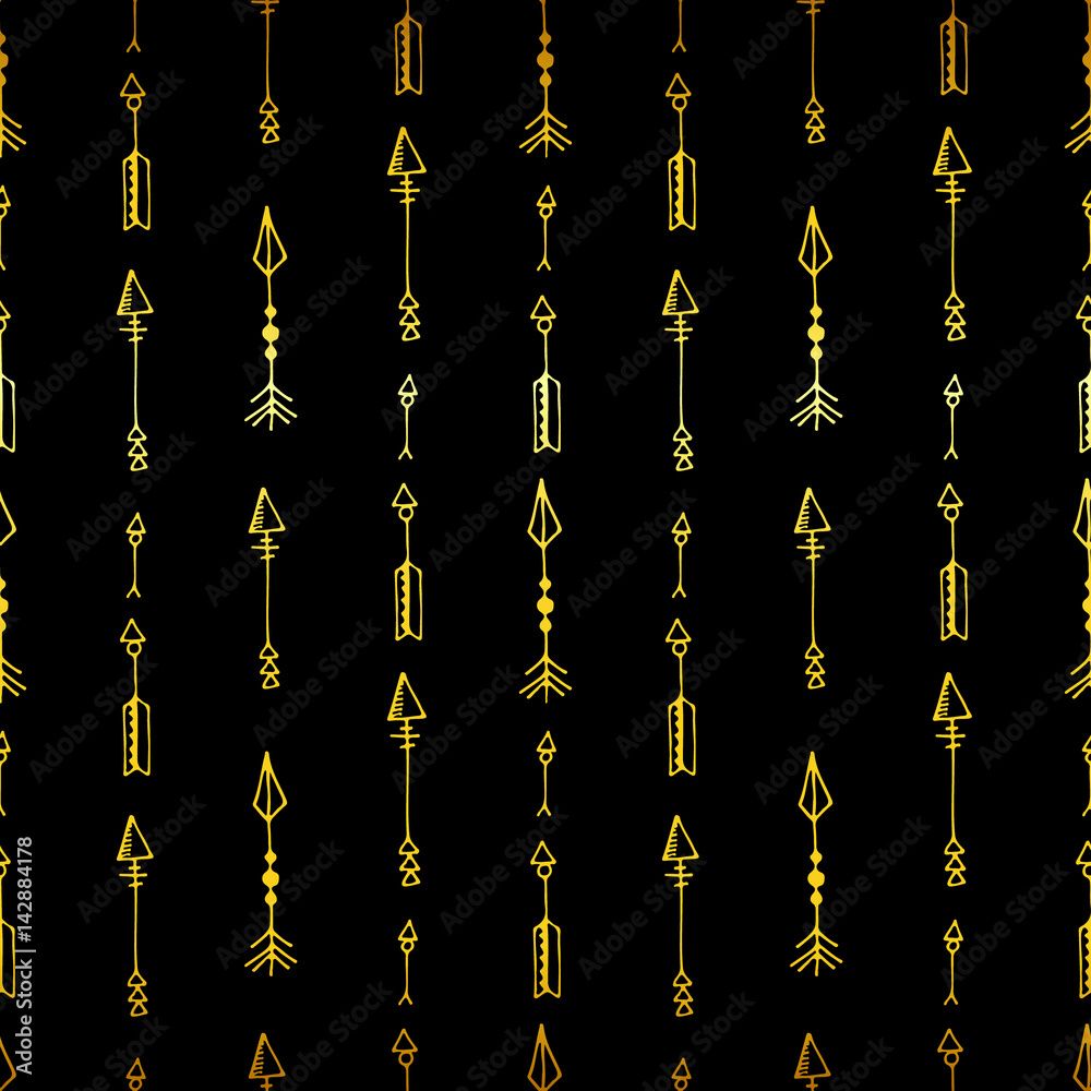 1000x1000 Tribal vintage gold arrows on black background. Seamless vector graphic pattern in native american style. For web page background, pattern fill, wallpaper, card, textile. Hand drawn. Sketch.Doodle Stock Vector