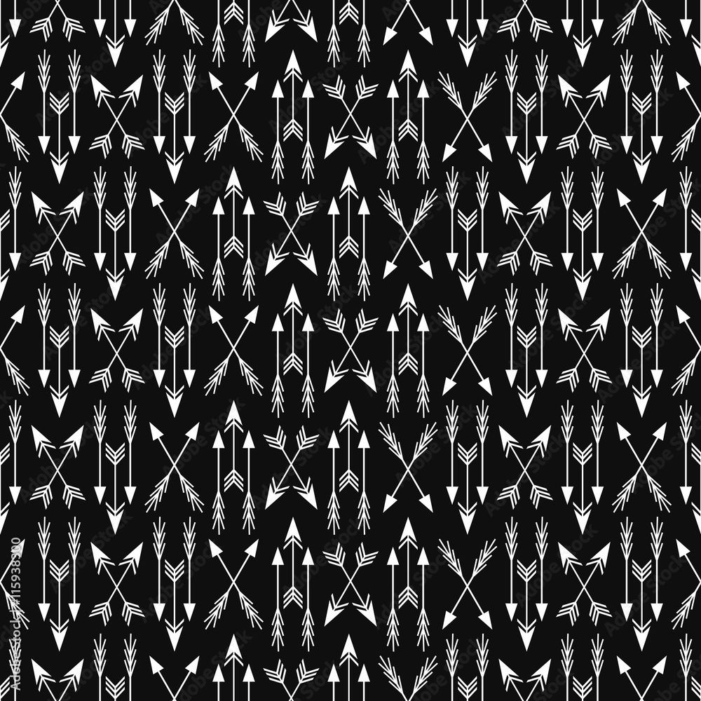 1000x1000 Vektor Vector seamless monochrome ethnic pattern with arrows. Seamless pattern in native american style.Tribal arrows on black background. Fashion design for textile, wallpaper, web, fabric and decor. ve službě Stock