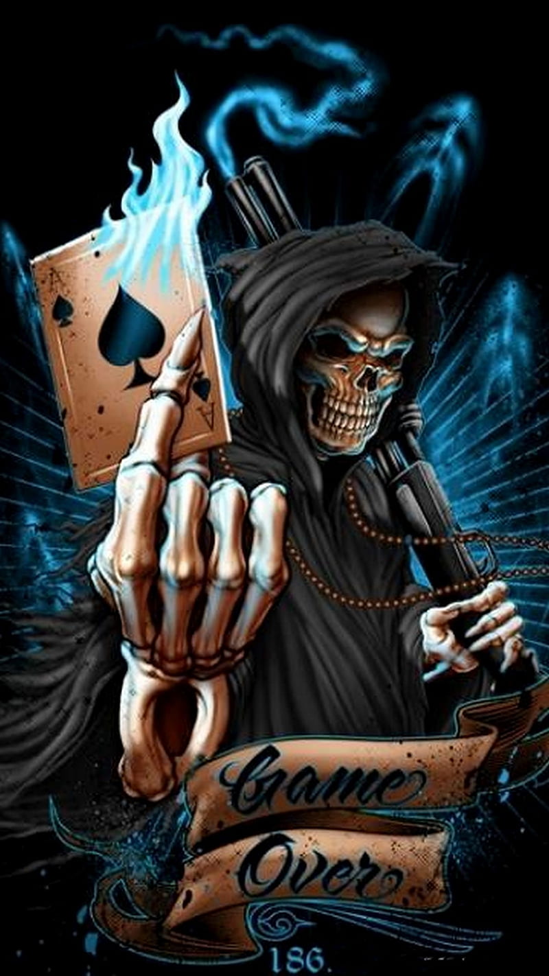 800x1422 GAME OVER, king, cards, queen, skull, wow, clans, cool, death, dark, reaper, HD phone wallpaper