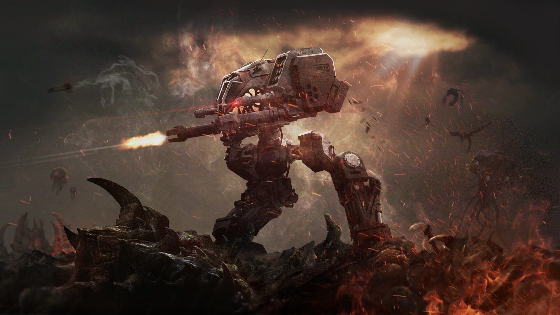 1920x1080 Wallpaper starcraft, fire, Blizzard, Terran, Zerg, Goliath, Terran, Goliath for mobile and desktop, section игры, resolution 1920x1080