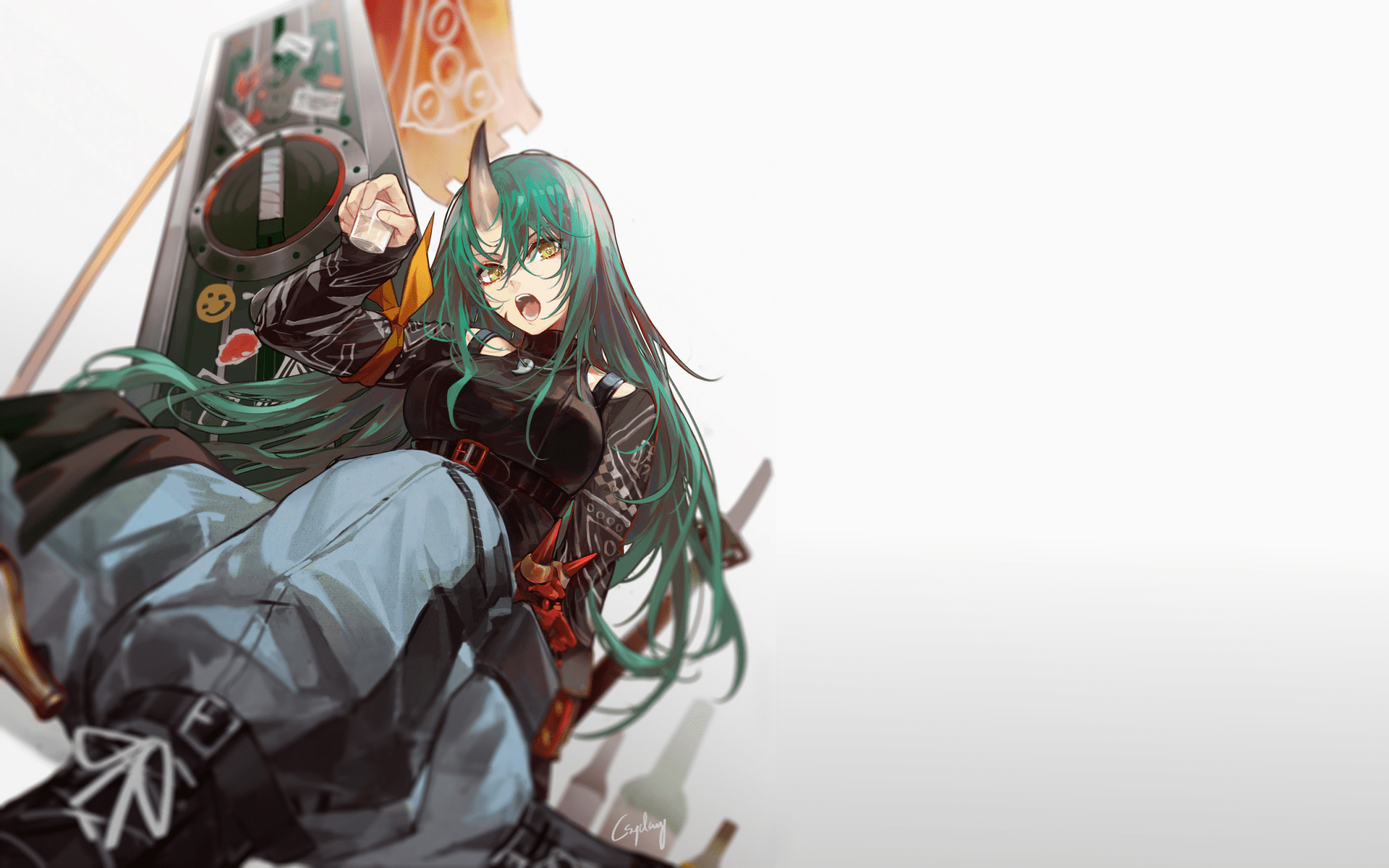 1920x1200 Download Yellow Eyes Long Hair Horns Green Hair Hoshiguma (Arknights) Video Game Arknights HD Wallpaper