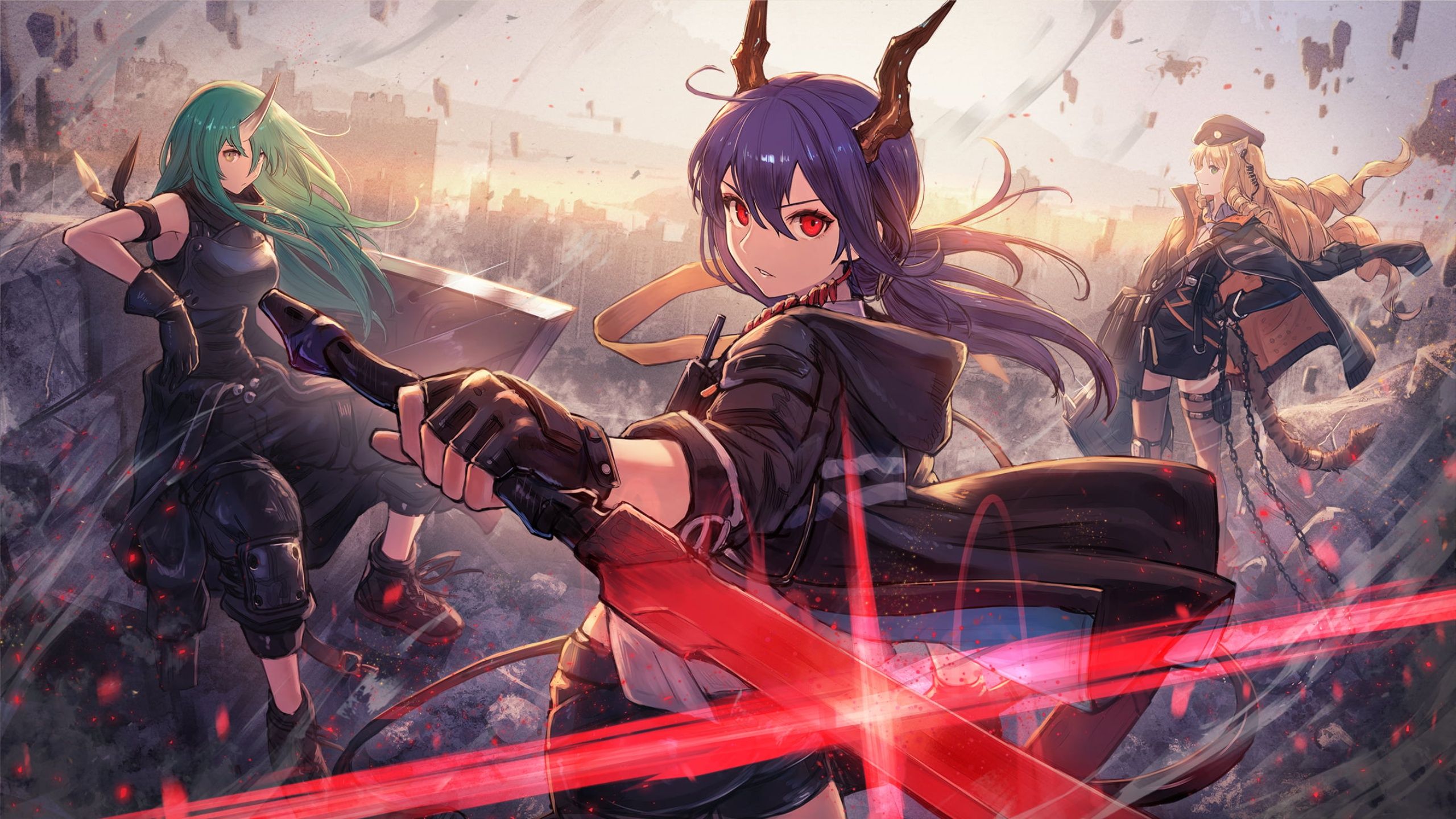 2560x1440 Wallpaper fragments, horns, blade, Arknights, Hoshiguma, Chen for mobile and desktop, section сёнэн, resolution 2560x1440