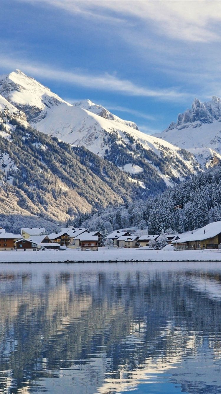 750x1334 Engelberg, Switzerland, Mountains, Snow, Winter, Lake, Houses 750x1334 IPhone 8 7 6 6S Wallpaper, Background, Picture, Image