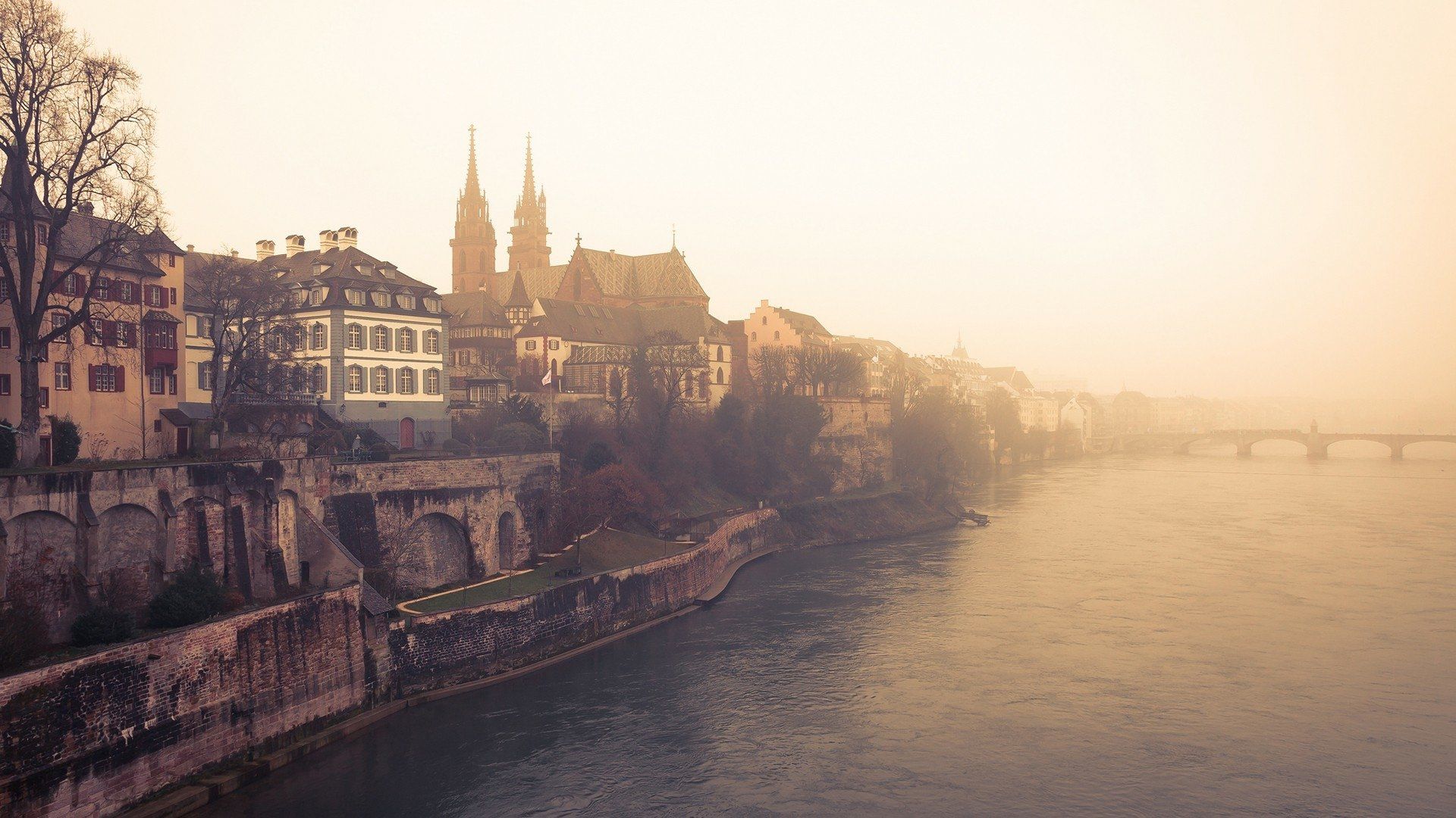 1920x1080 Basel's Misty Morning Bridge Over the Serene Rhine River