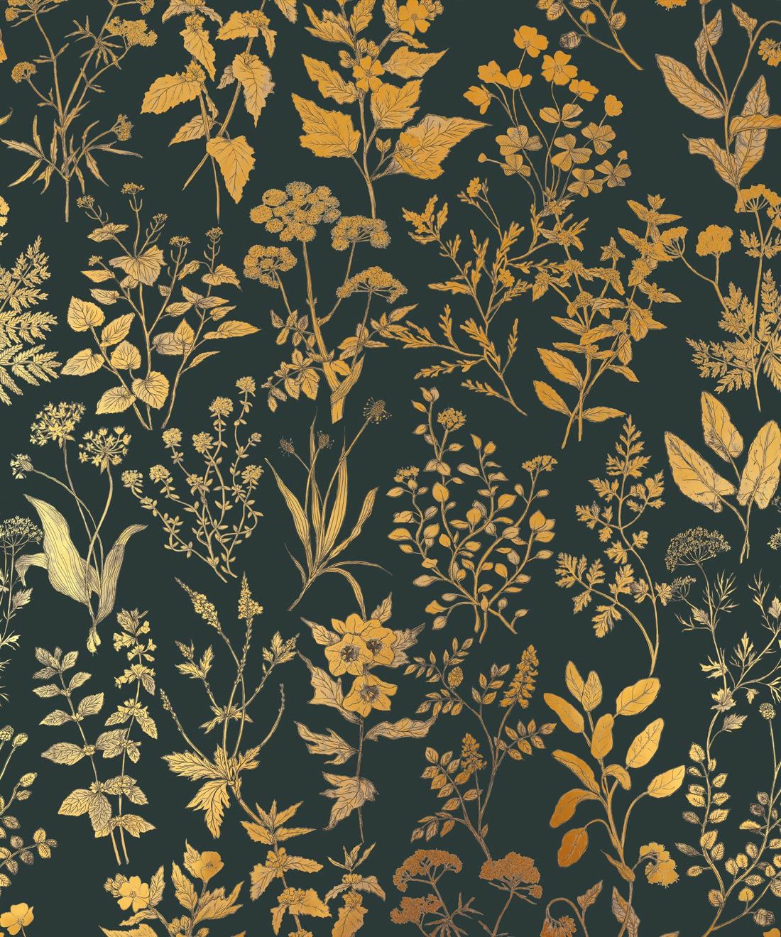1100x1320 Herbarium Antique Metallic Wallpaper Green (Gold)