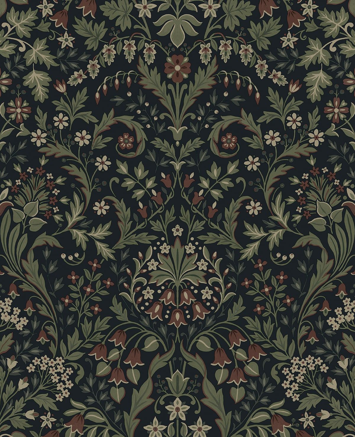 1200x1475 NextWall Midnight Blue and Sage Filigree Floral Peel and Stick Wallpaper
