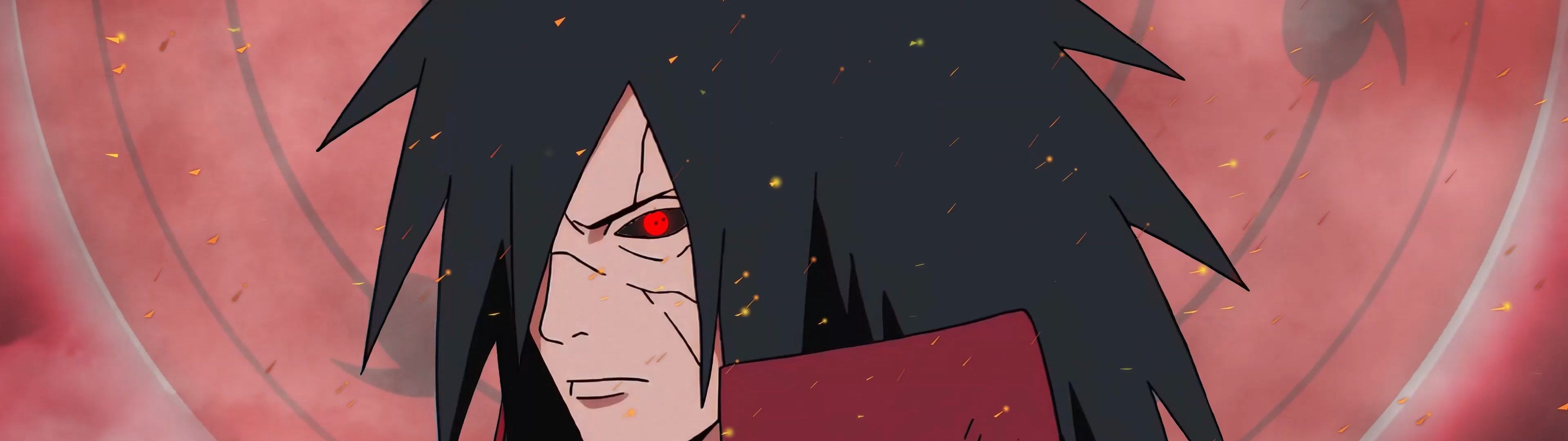 3840x1080 Madara Uchiha Wallpaper 4K, Sharingan, Naruto, Red background