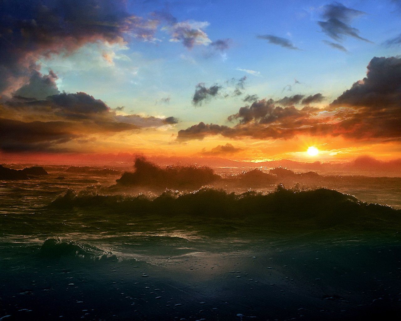 1280x1024 Sunset on a stormy sea Desktop wallpaper 640x960