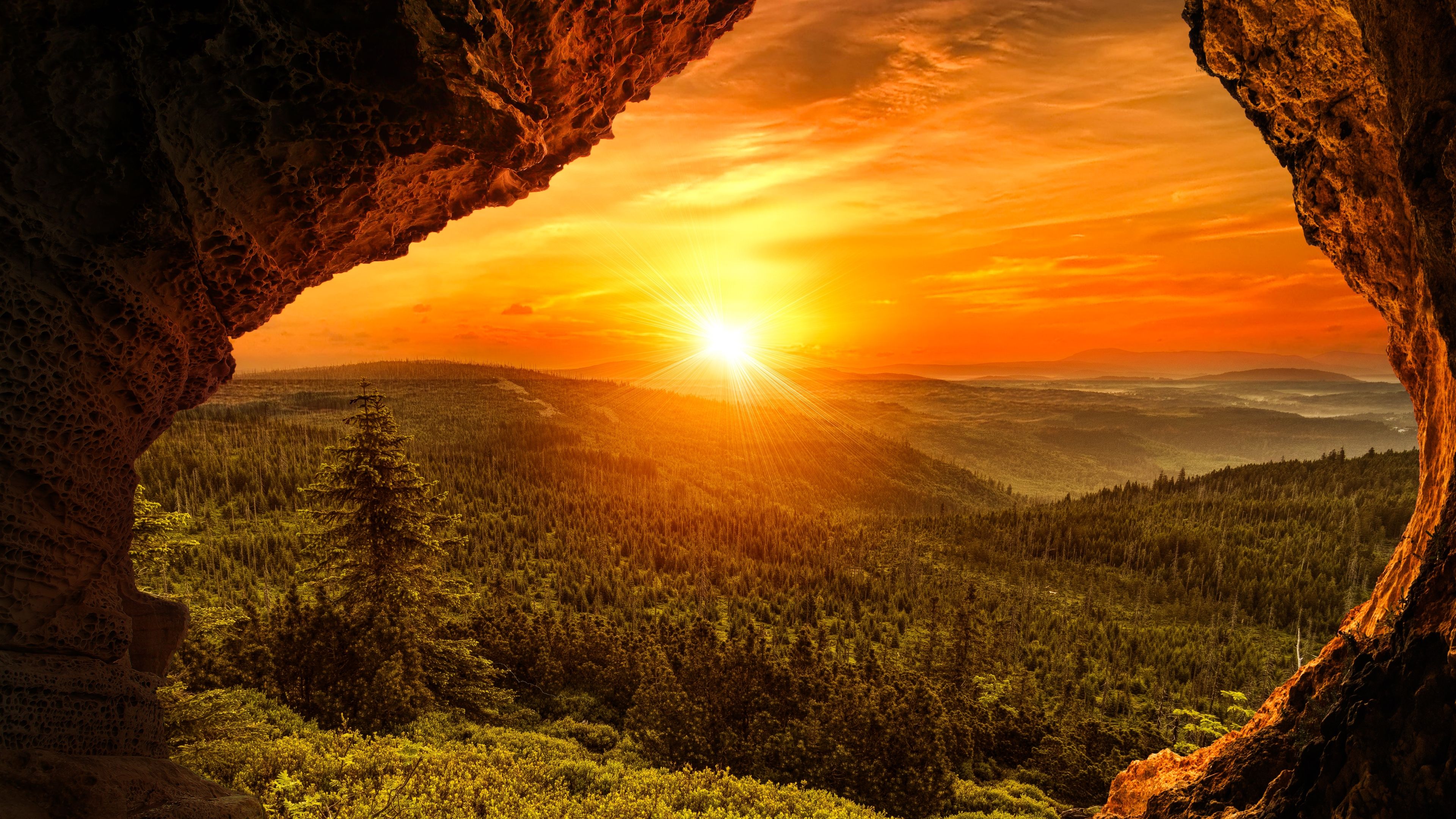 3840x2160 Desktop wallpaper: Sunbeam, Earth, Cave, Forest, Landscape, Sunset, Caves 4K free download for PC. 1533461