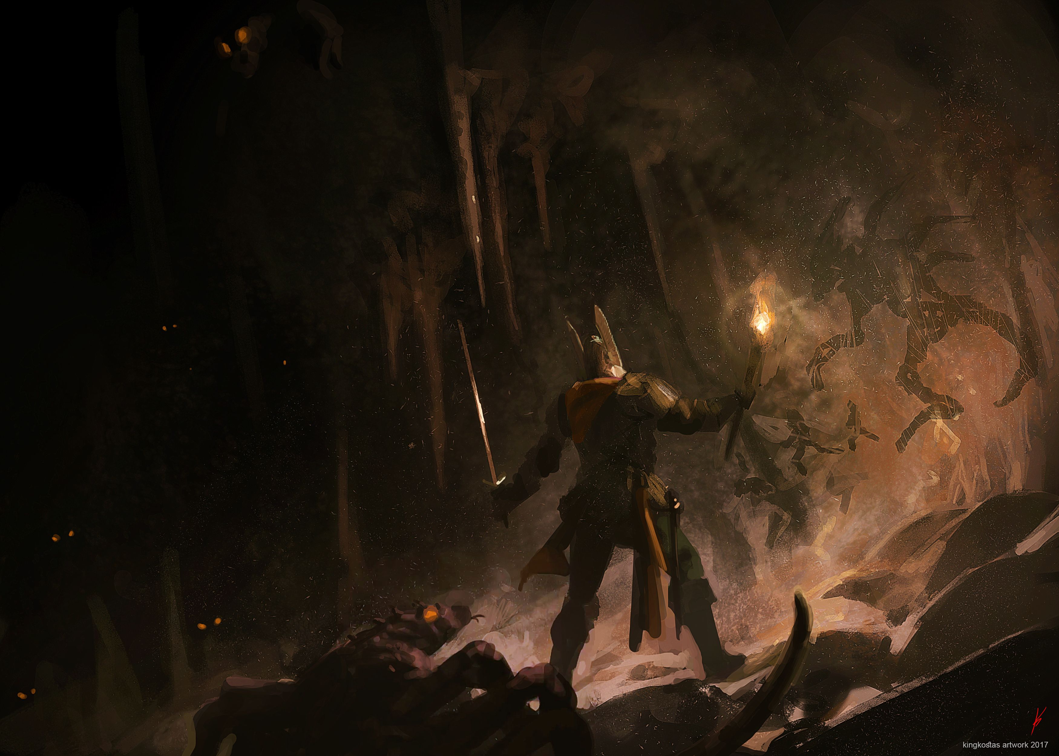 3500x2499 Desktop wallpaper: Fantasy, Warrior, Cave, Creature, Sword, Torch 4K free download for PC. 858995
