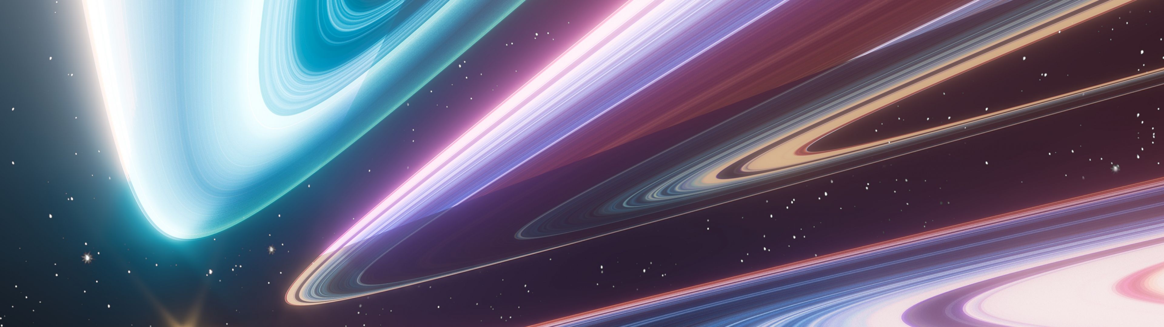 3840x1080 Cosmic Wallpaper 4K, Light streaks, Planetary rings
