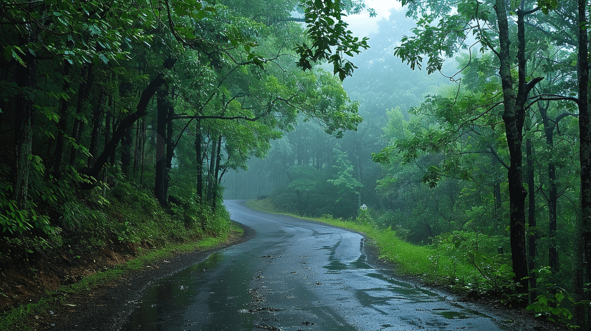 1200x673 Road In The Forest Rainy Season Nature Trees And Fog Travel Photo And Picture For Free Download