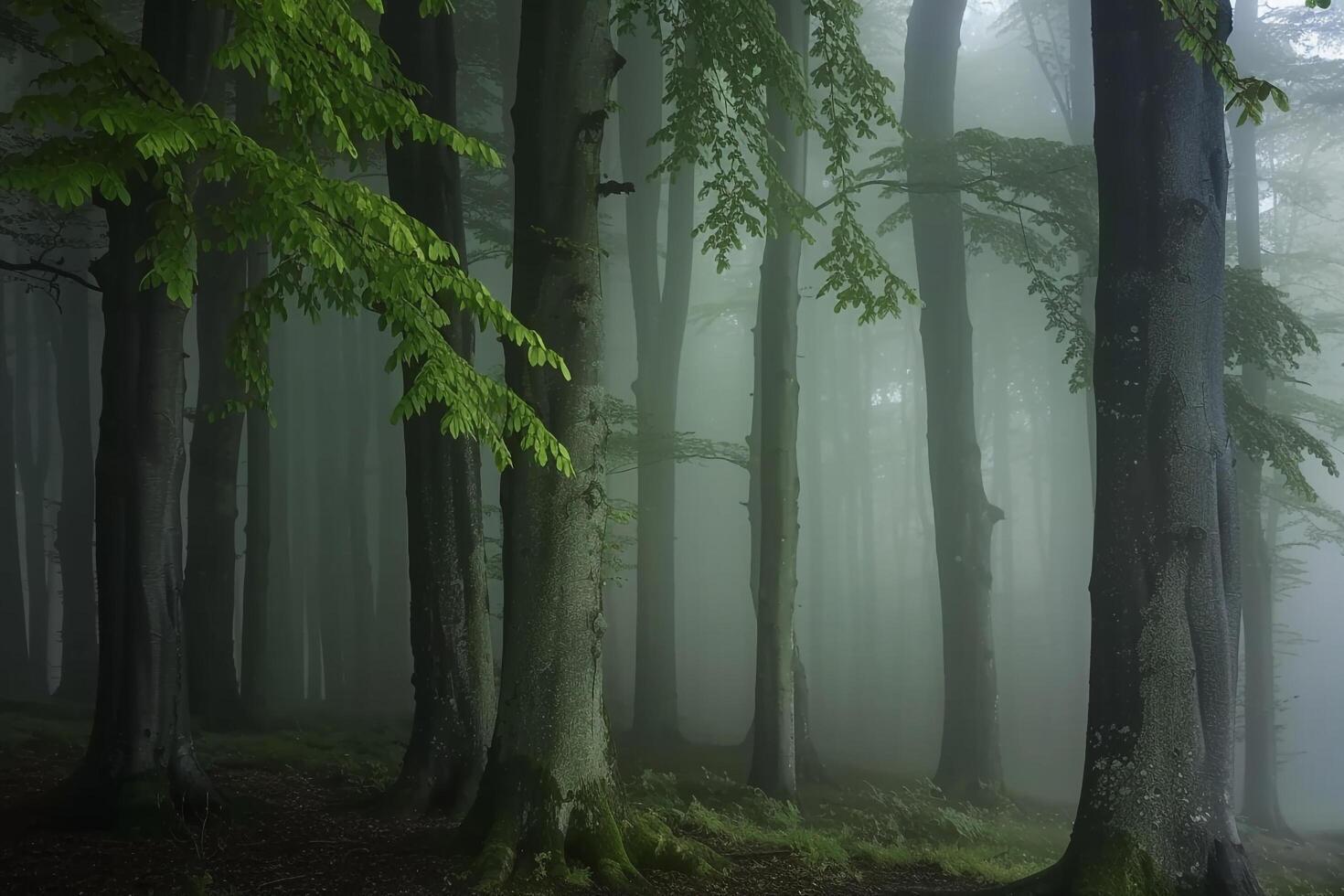 1470x980 A foggy forest with tall trees and green leaves background