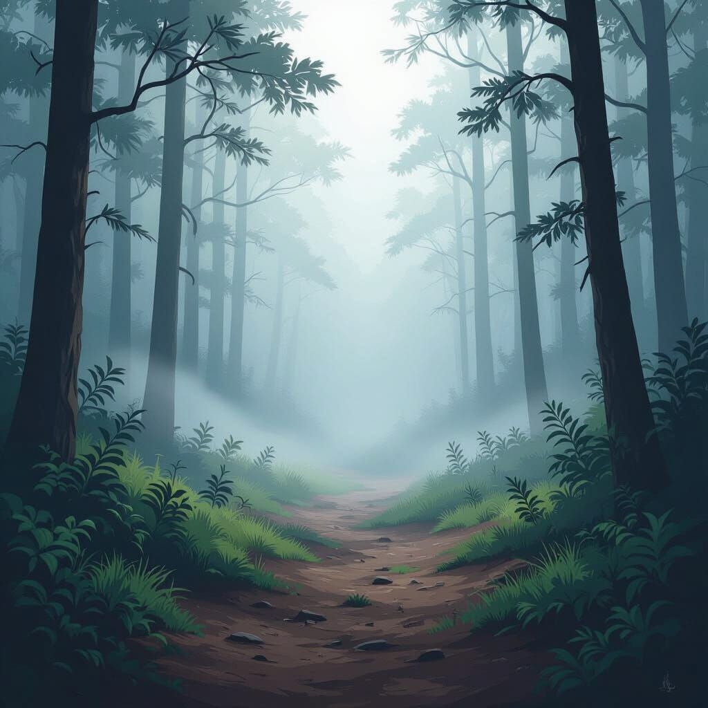 1024x1024 Cartoon Forest Path in Foggy Morning Light
