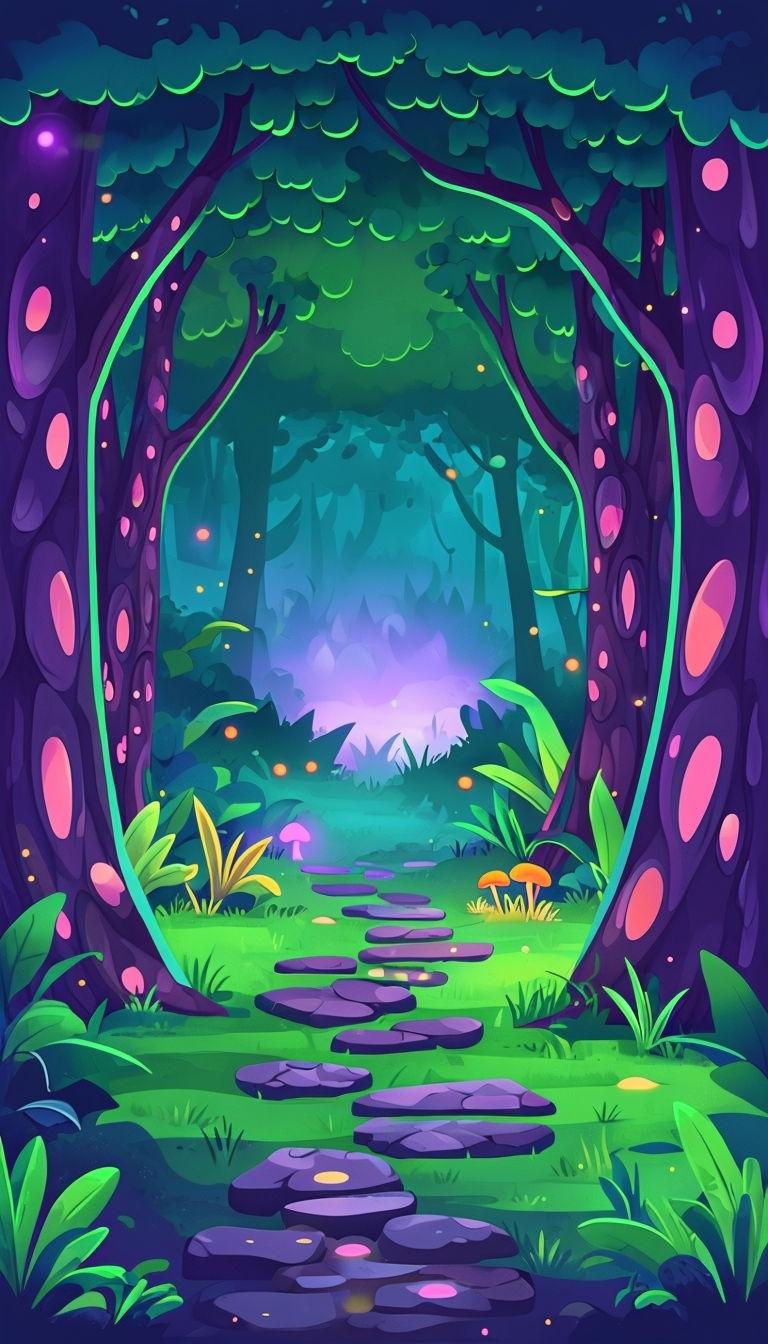 768x1344 Mystical Enchanted Forest Scene with Vibrant Colors Mobile Wallpaper