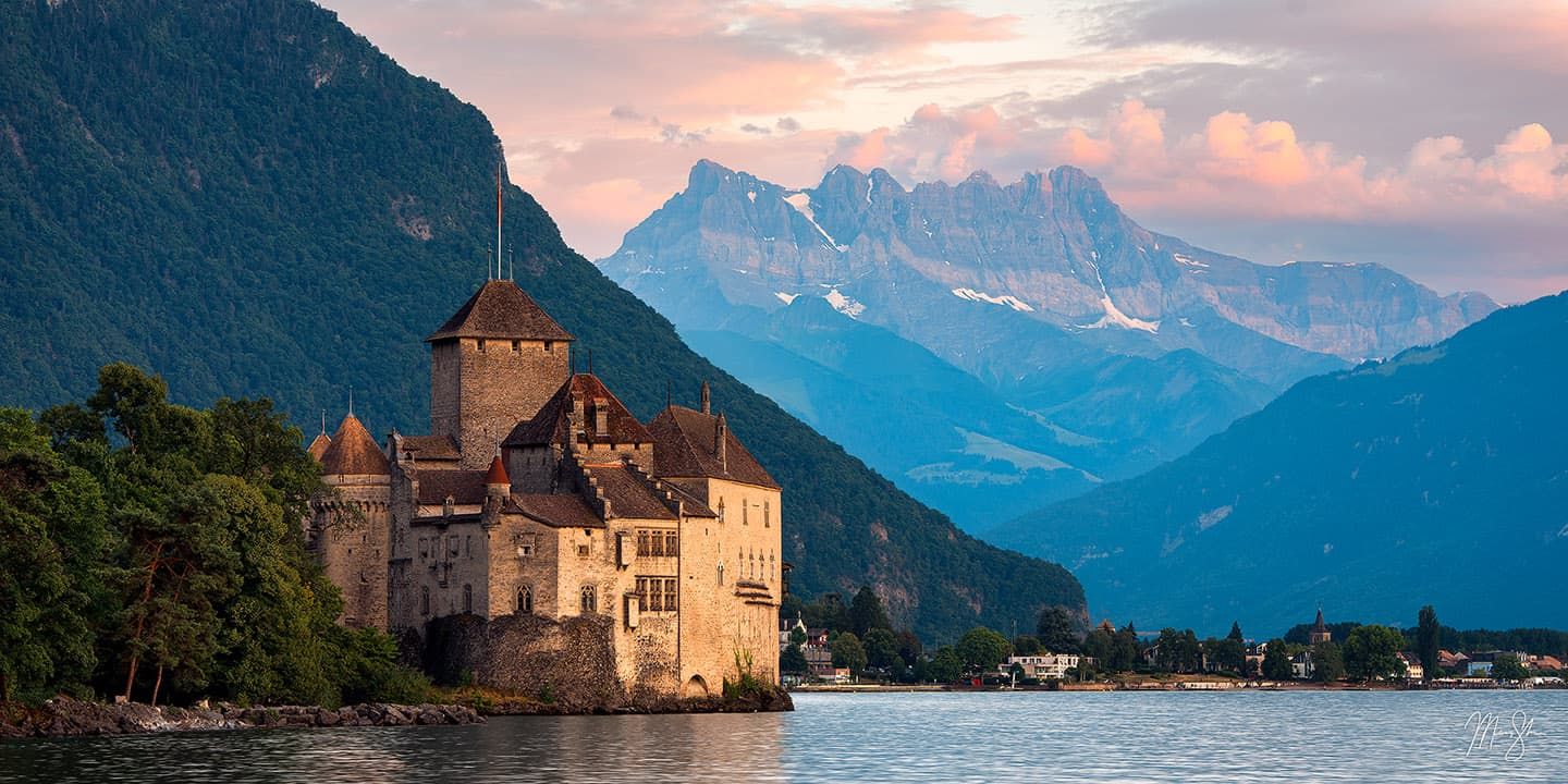 1440x720 Chateau de Chillon Fine Art Print. Lake Geneva Castle Wall Art