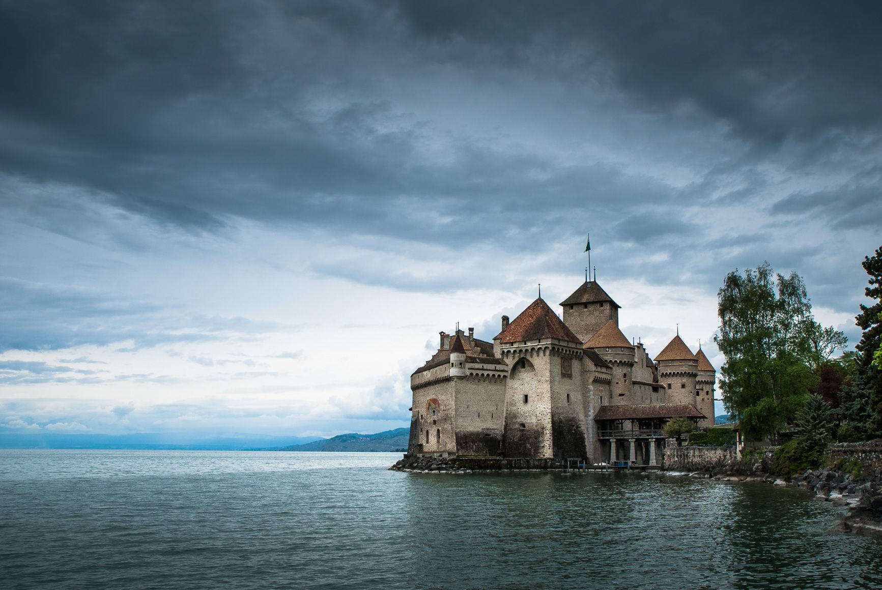 1733x1160 Dark clouds above Château de Chillon and Lac Léman