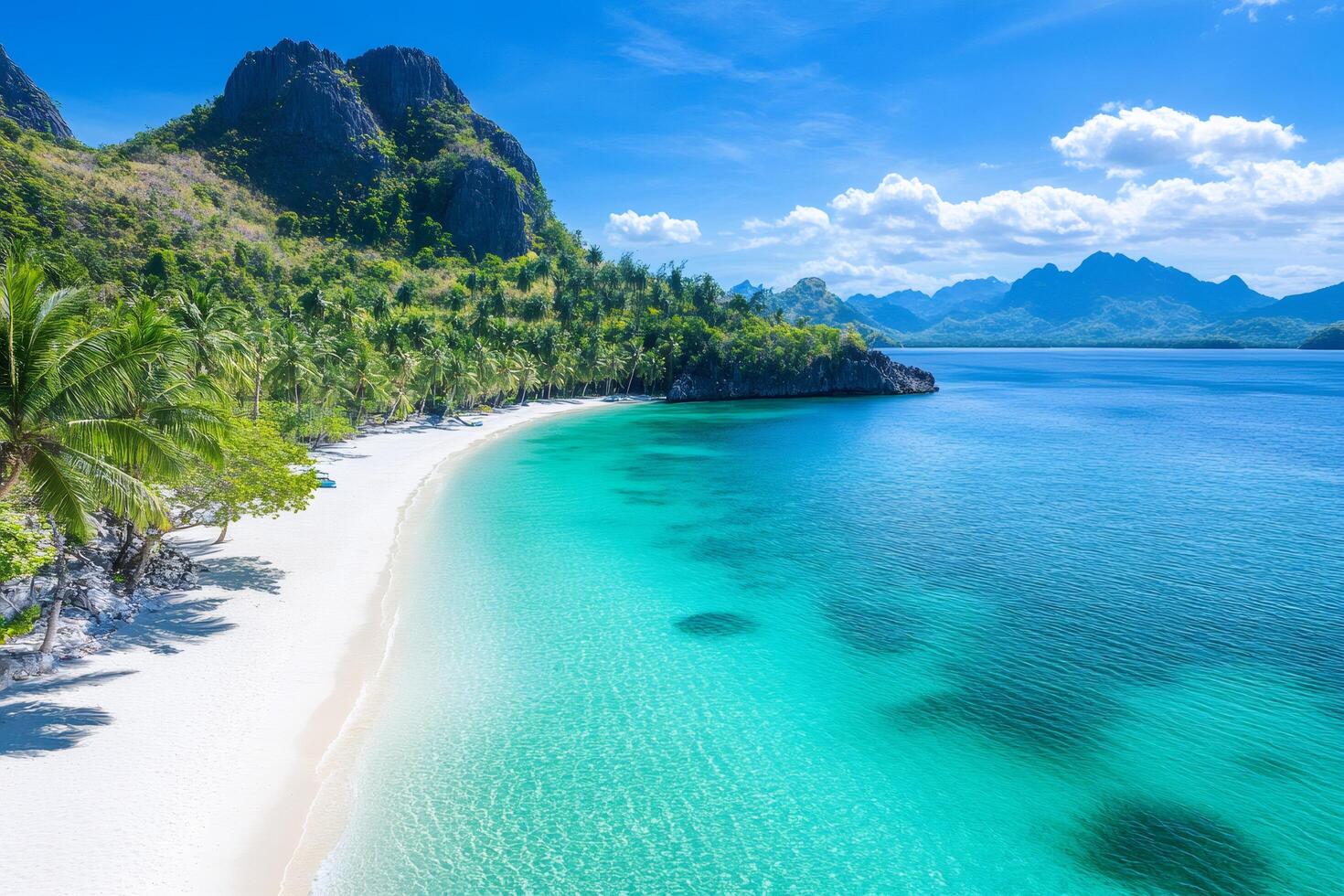 1470x980 Tropical white sand beach and turquoise water meeting lush green jungle in Coron, Palawan, Philippines