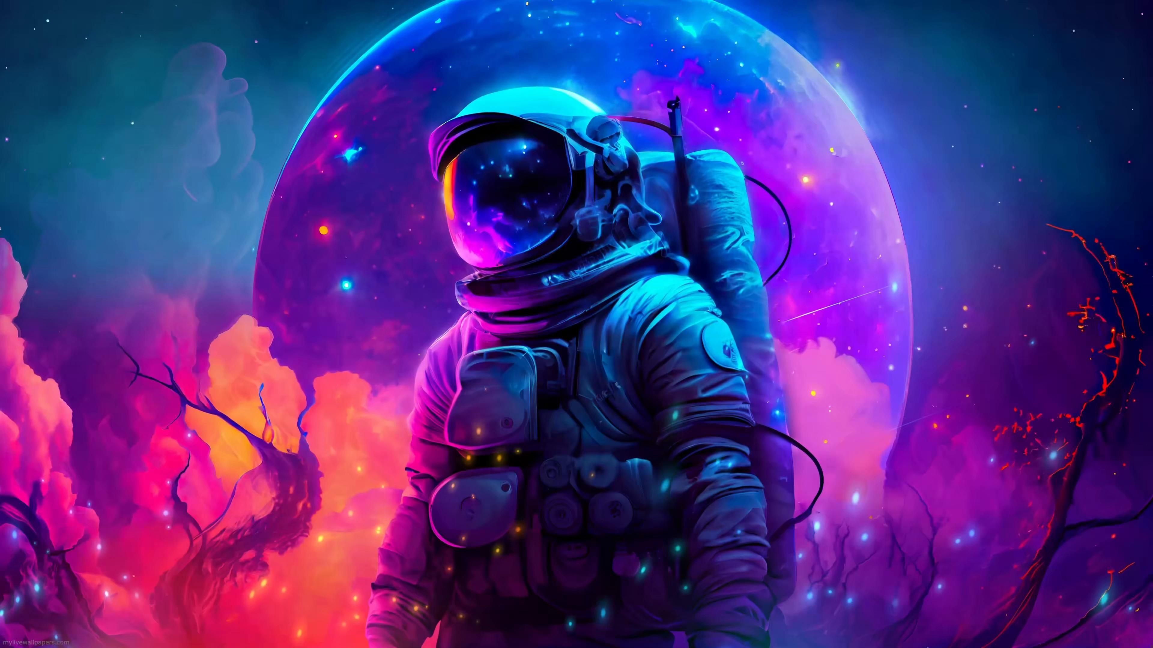 3840x2160 Wallpaper Galaxy, Neon, man, astronaut, month, AI Art for mobile and desktop, section фантастика, resolution 3840x2160