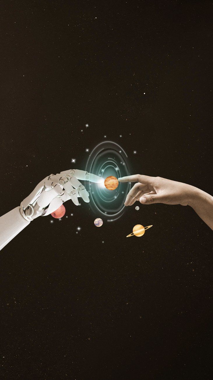 731x1300 AI galaxy aesthetic, fingers touching. Premium Photo Illustration