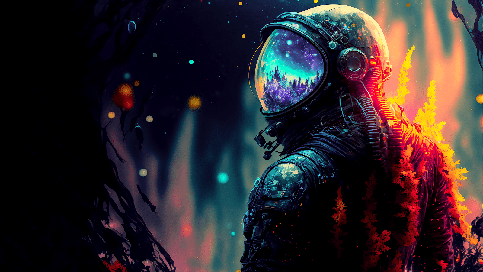 1600x900 Astronaut Exploring Glitchcore Fungi Galaxy Background Wallpaper 4K for PC Generated, Free Download 4K Wallpaper. Best 4K Wallpaper for Computers