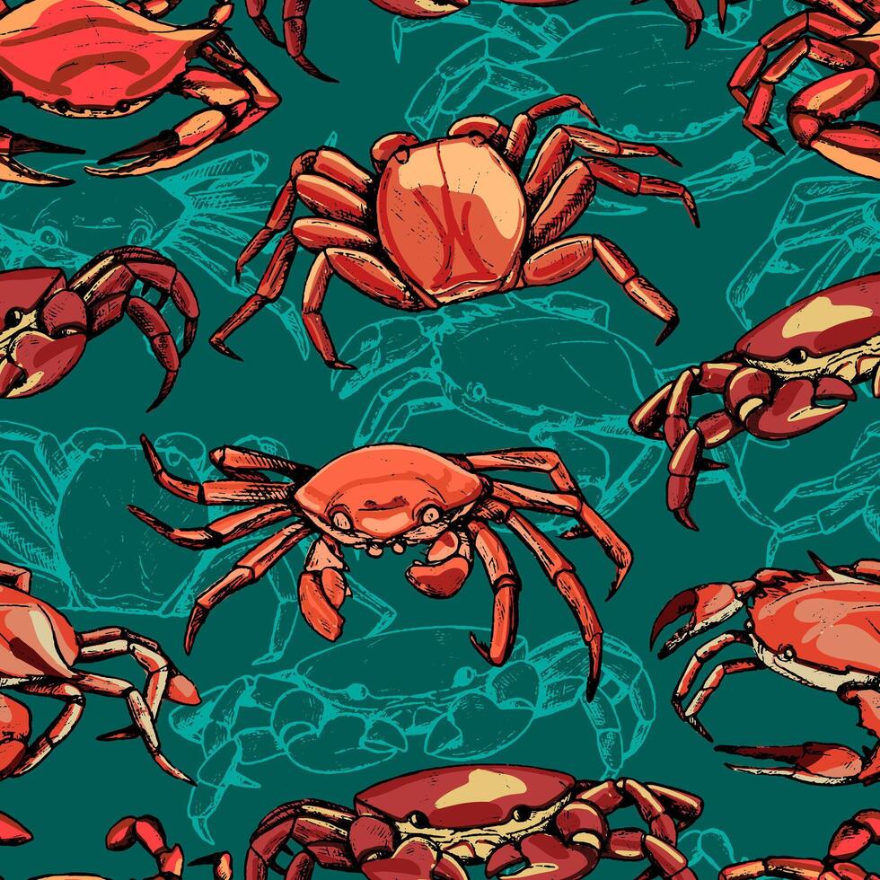 980x980 Vintage hand drawn vector seamless pattern. Background of beautiful crabs. Realistic graphic sketches of crustacean animals. Bright surface design for wallpaper, wrap, textile, postcards, prints etc