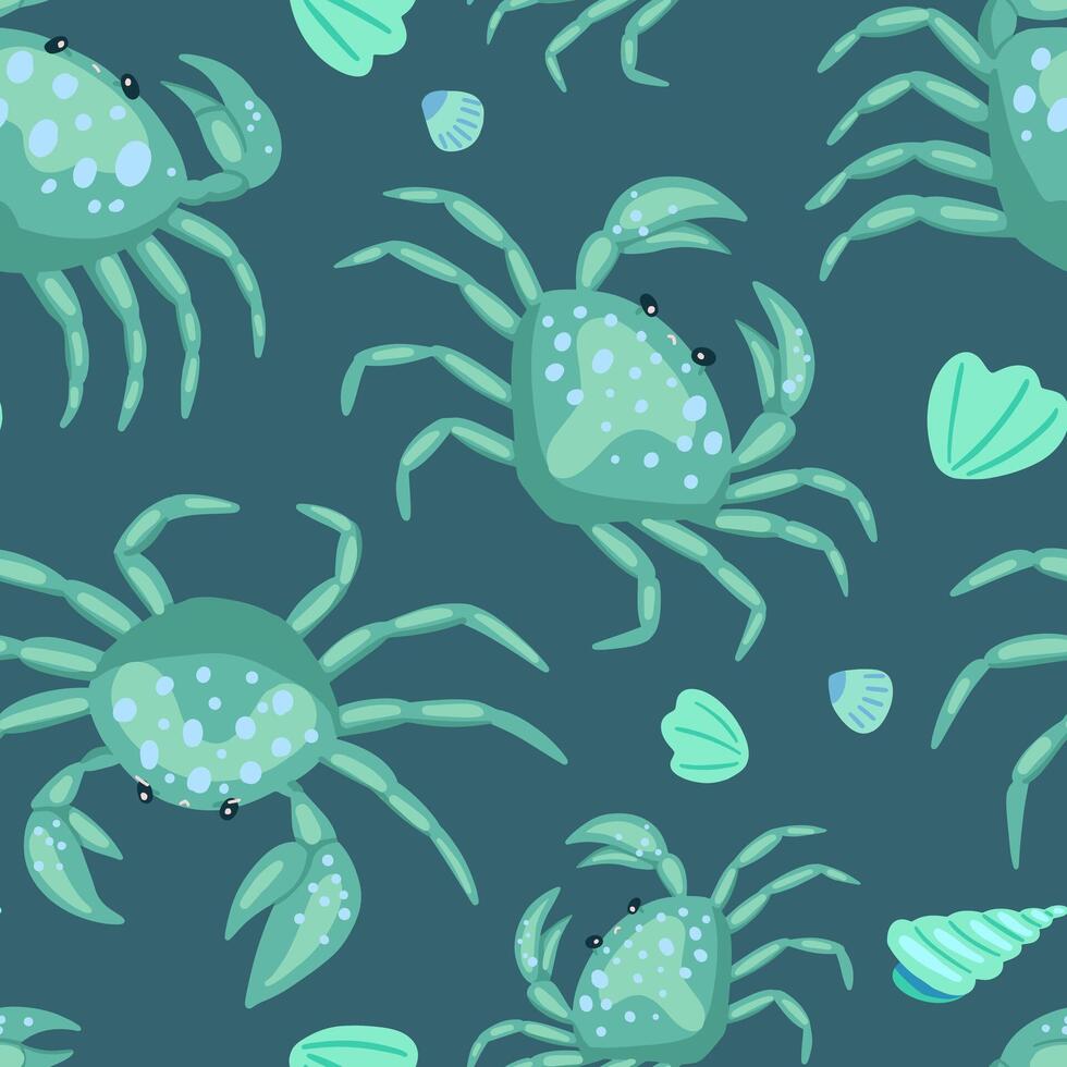 980x980 Cute crabs and seashells. Abstract vector seamless pattern. Colored cartoon ornament with sea animals. Funny modern design for print, fabric, textile, background, wallpaper, wrap, card, decor